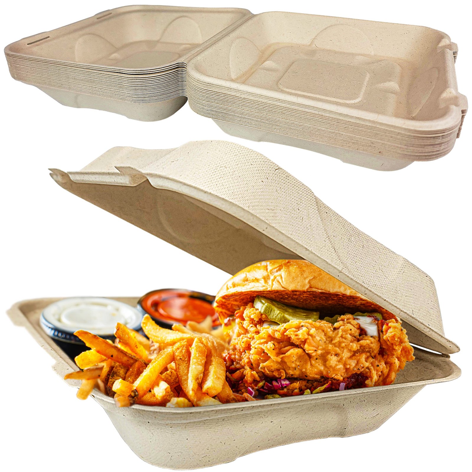 Durable, Leak-Proof Take-out Food Box, 25 Pack. Large, 9 x 9 Sturdy Plant-Bas…