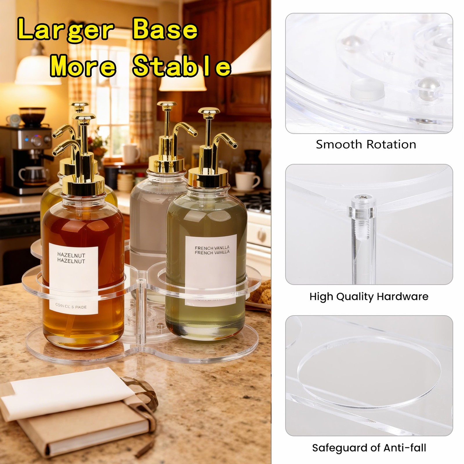 Acrylic Syrup Dispenser Organizer, 360°Rotating Storage Rack for 4 Bottles,Cl…