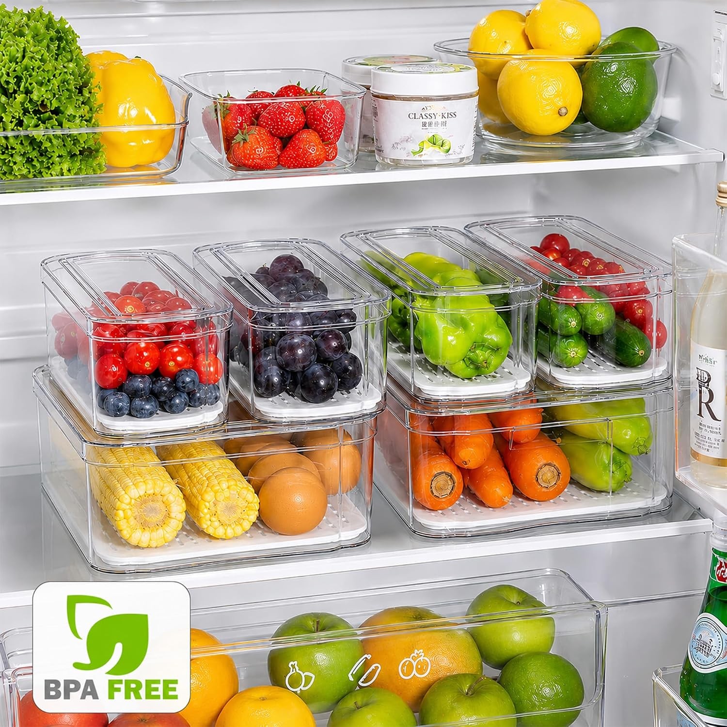 Clear Stackable BPA Free PET Fridge Organizer Bins with Drain Trays 6 Bins