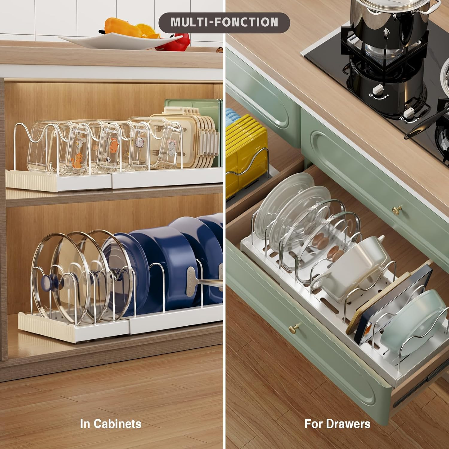 Expandable Food Storage Container Lid Organizers with Adjustable Dividers – 2 Pa