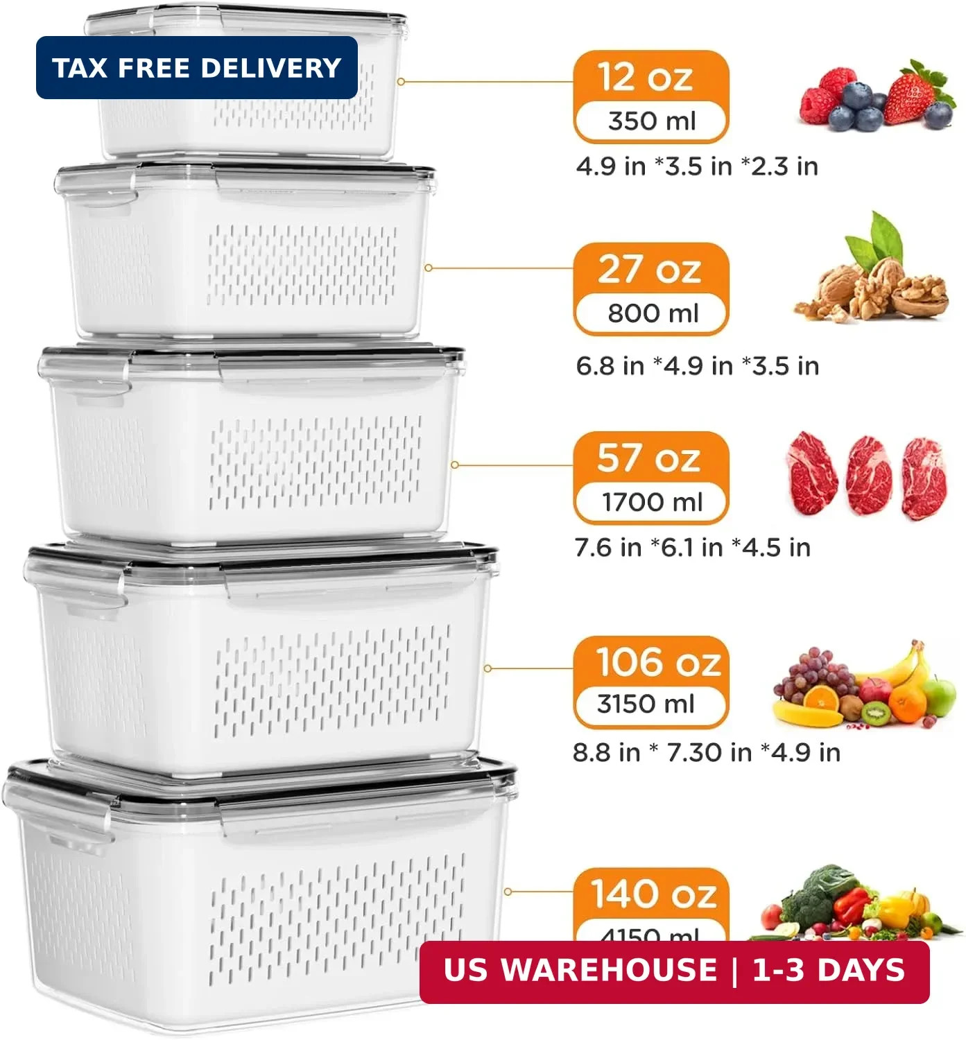 Best 5-Pack Fruit Storage Containers for Fridge with Removable Colanders 4 in 1