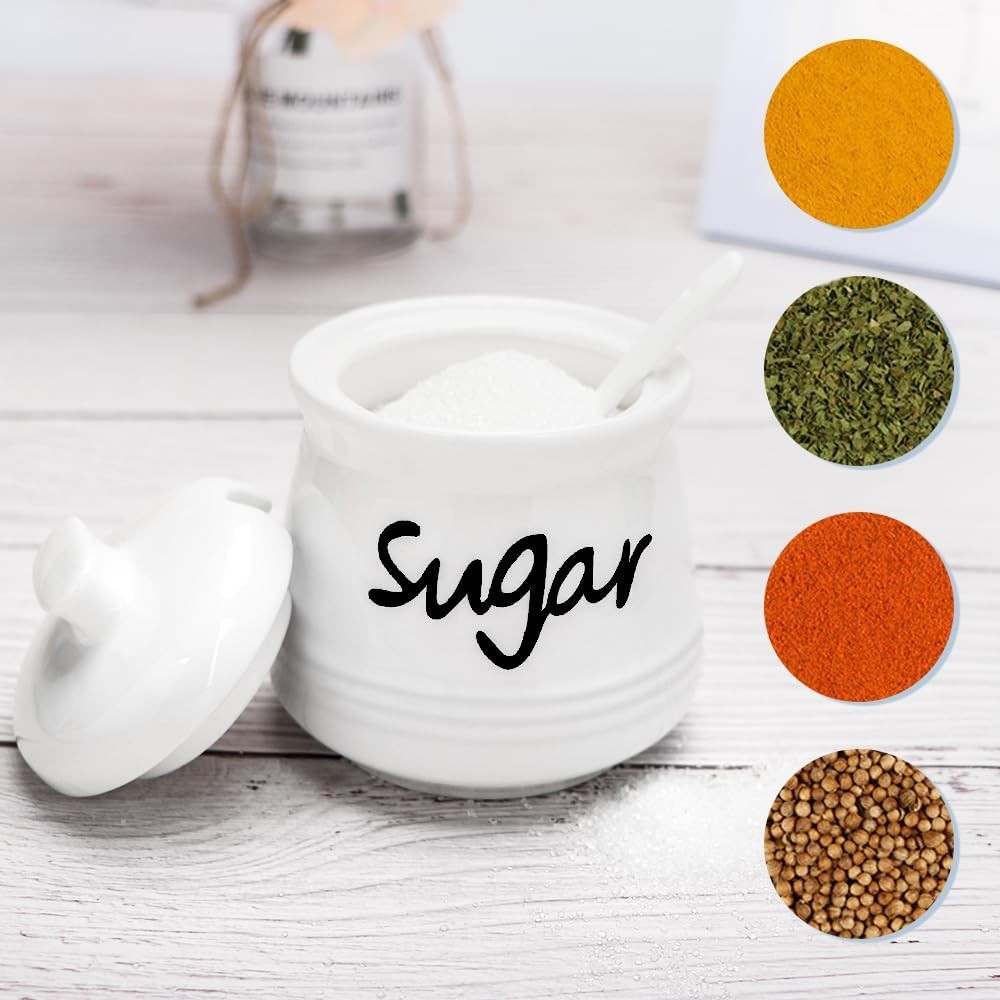 Ceramic Sugar Bowl with Lid and Spoon, 12 Ounces Porcelain 12ounce, White