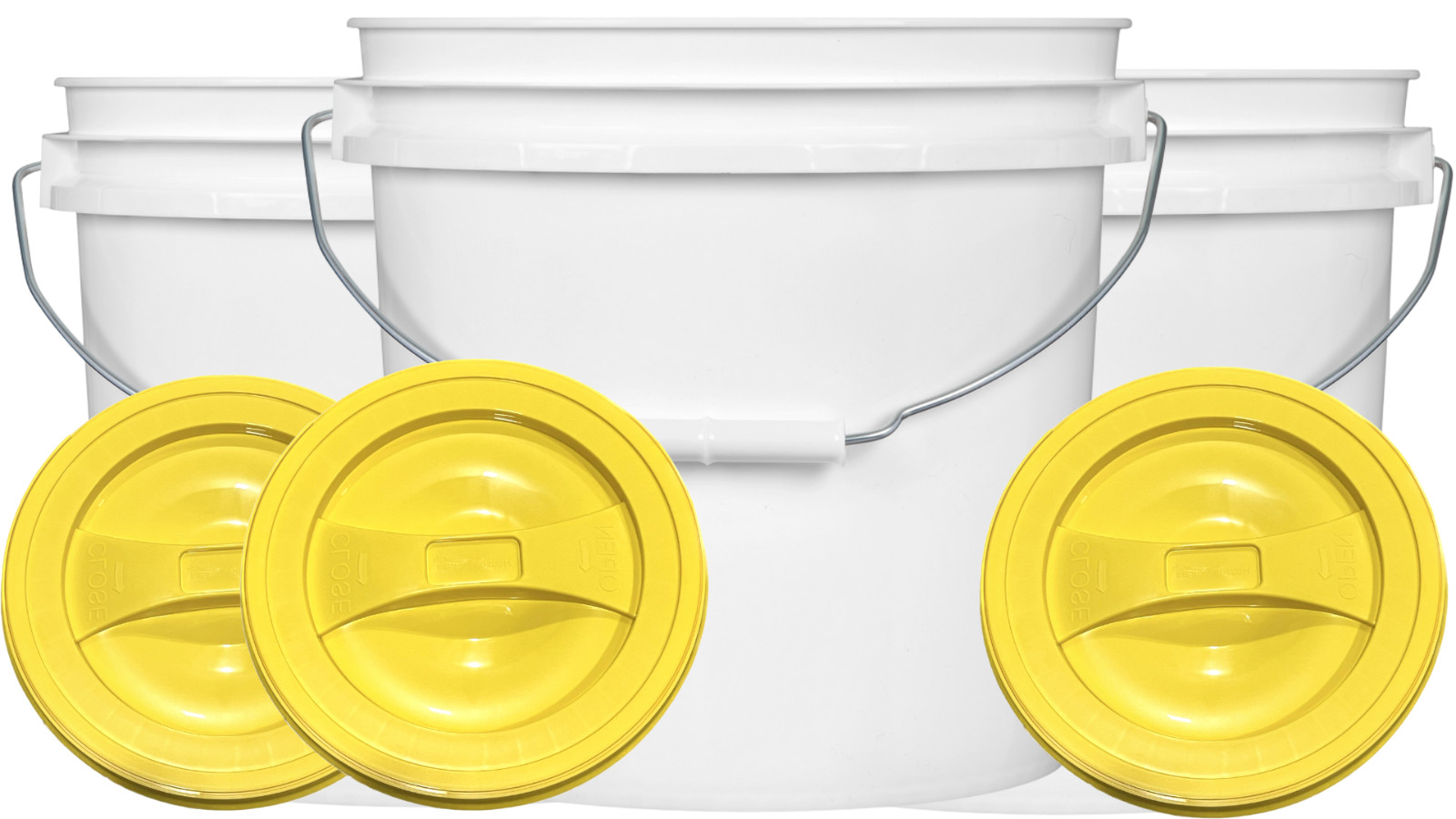 2 Gallon White Food Grade Bucket Pail with White Screw on Yellow Lid (Pack of 3)