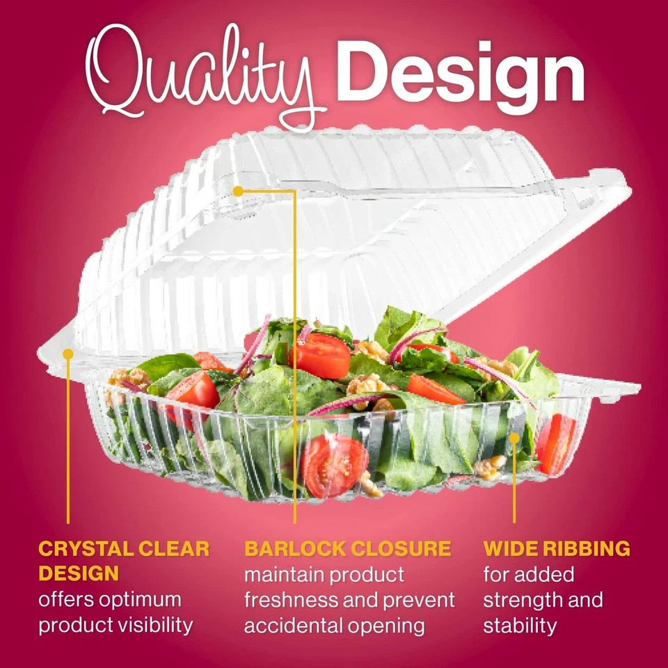 50 Clear Plastic Containers, 8″ X 8″ X 3″ Hinged Lid Togo Clamshell Food Cont…