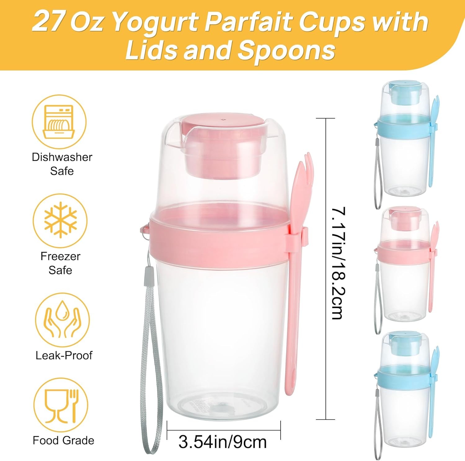 4 Pack 27oz Yogurt Parfait Cups W/ Lids & Spoons Overnight Oats Containers