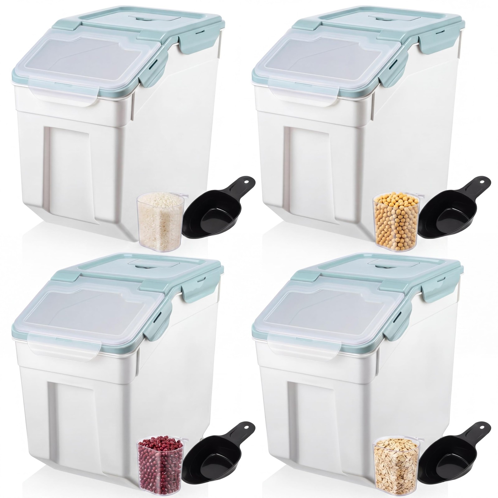 4 Pcs 55 lbs Grain Rice Storage Container Flour Bin with Wheels Cup Leak Proo…