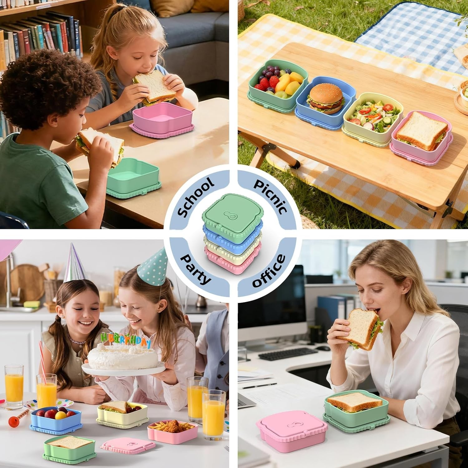 4 Pack Reusable Silicone Sandwich Containers Leak-Proof Lunch Boxes Pink Blue…