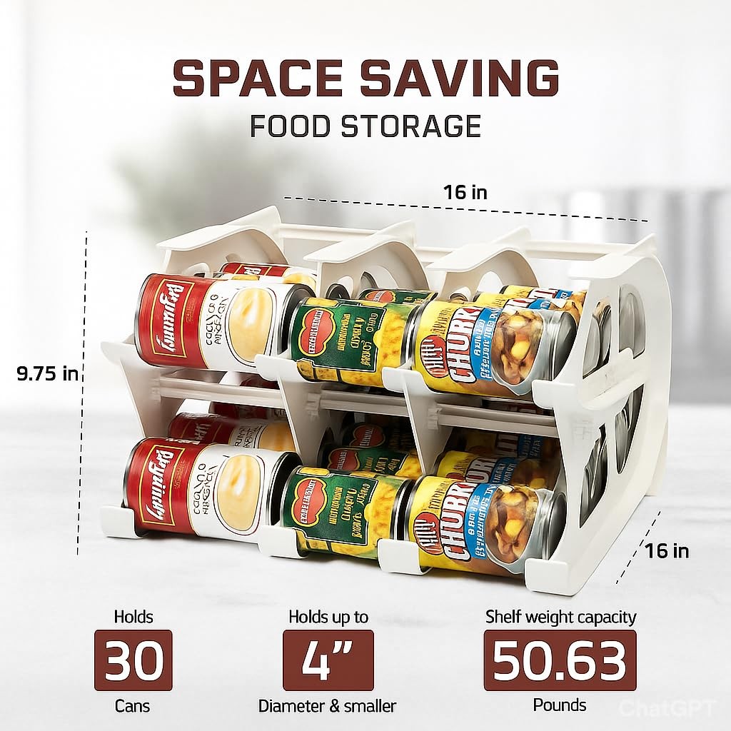 FIFO Countertop Mini Can Tracker Holds 30 Standard 10-24 Oz Can Sizes, White|…