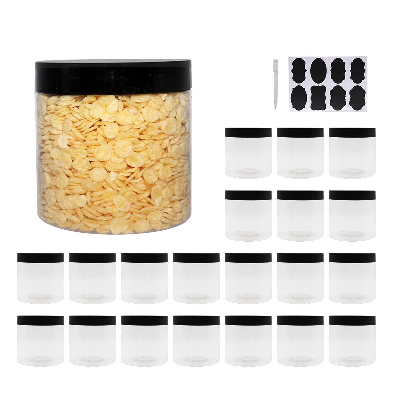 21 Pack 16 oz Plastic Jars With Lids, Extra Labels, 1 Pen, Clear PET Seal Jar fo