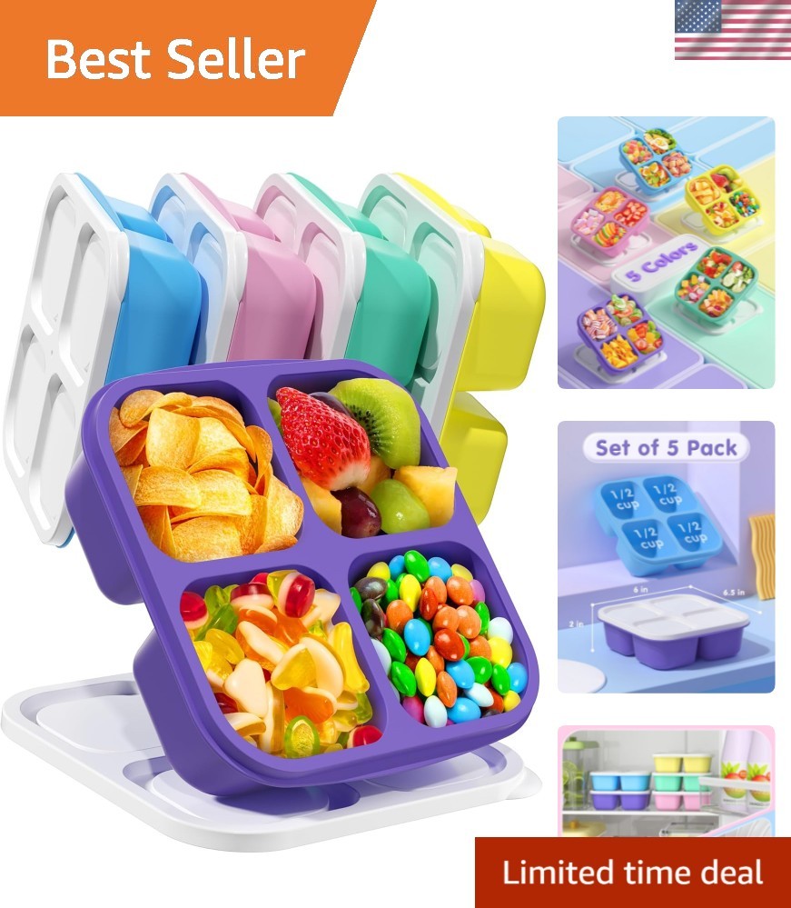 5 Pcs Bento Snack Containers, Reusable 4 Compartment Divided Food Storage Con…