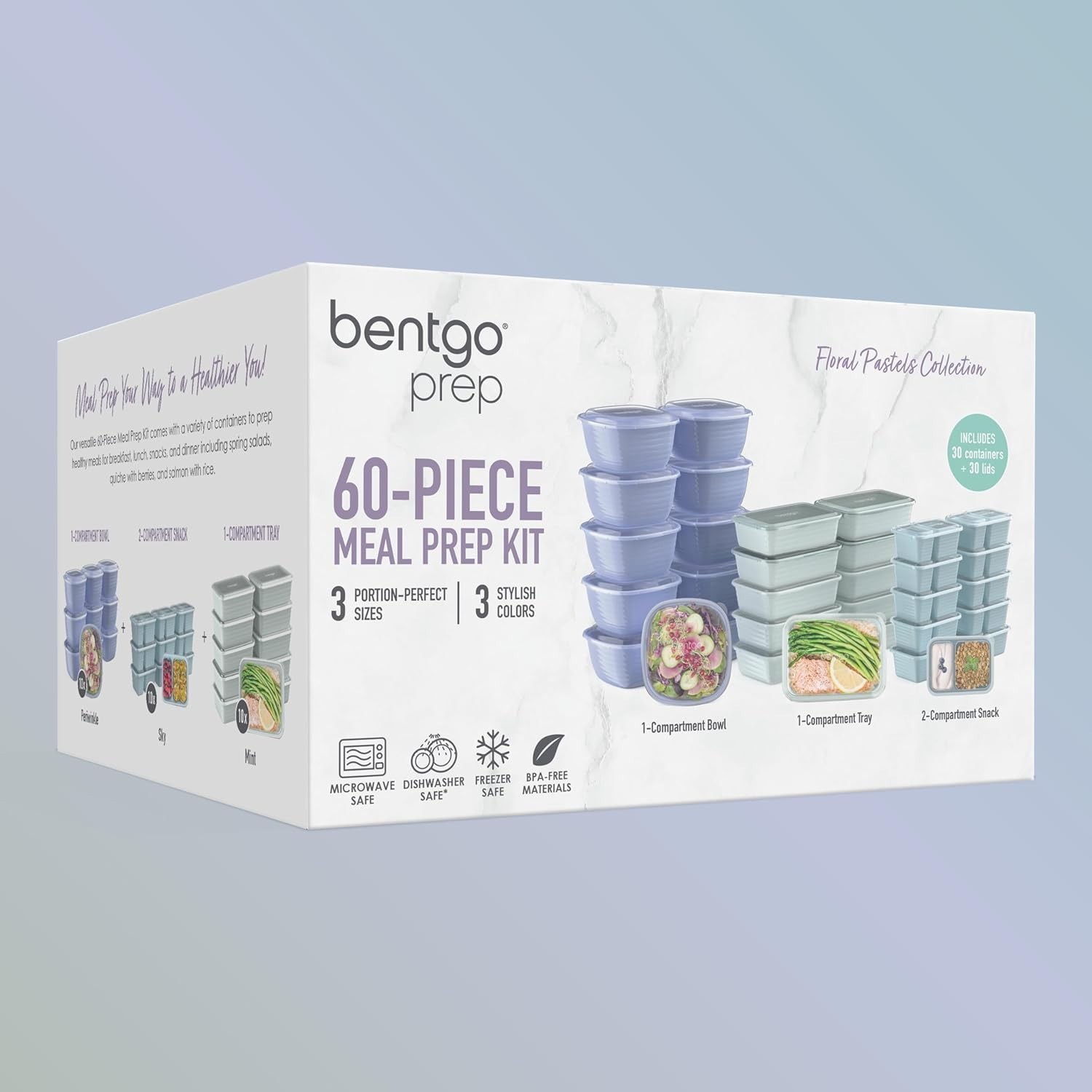 60 Piece Meal Prep Food Container Set BPA Free Microwave Safe Floral