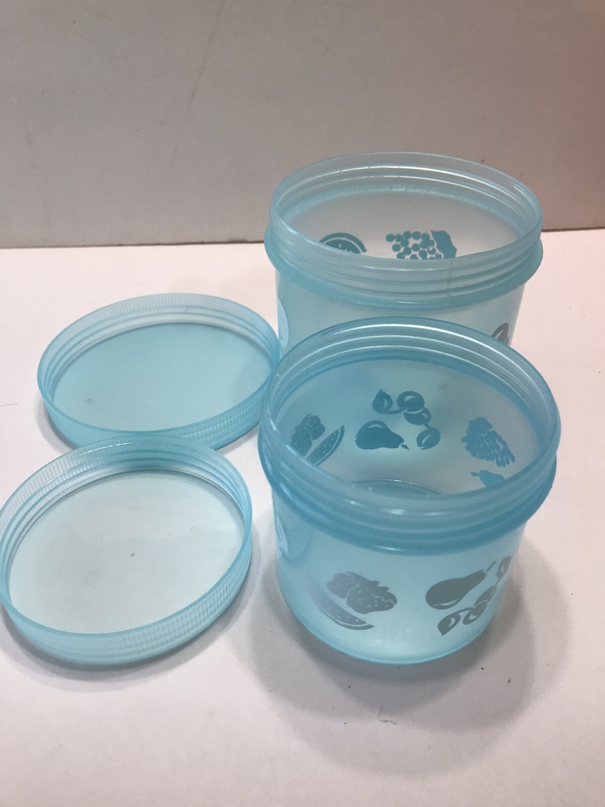 2 Stacking Vtg Food Fruit Storage Containers Blue Screw On Lids Dragon ware USA