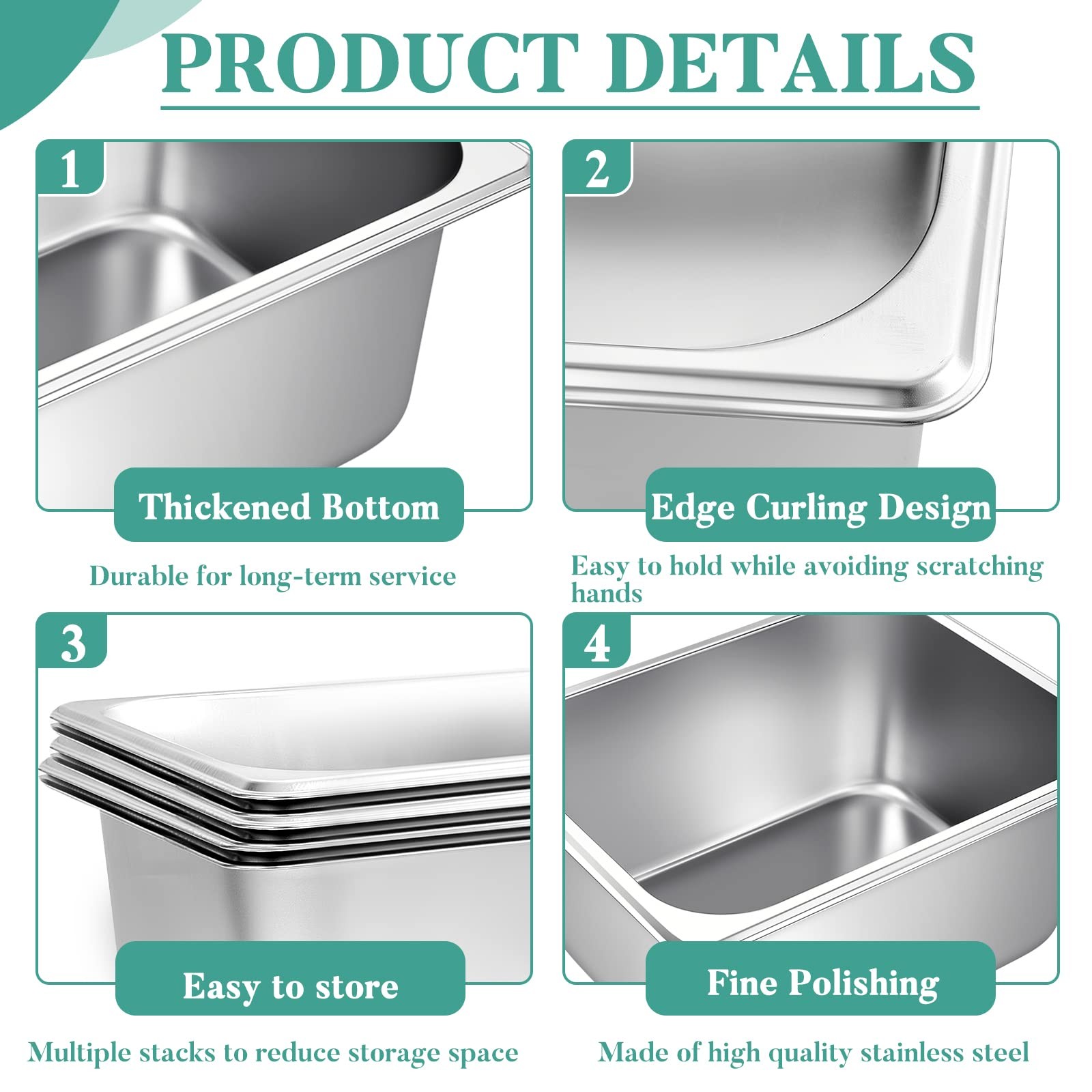 8 PCS Hotel Pans Stainless Steel Steam Table Pan 1/2 Half Size 6 Inch Deep