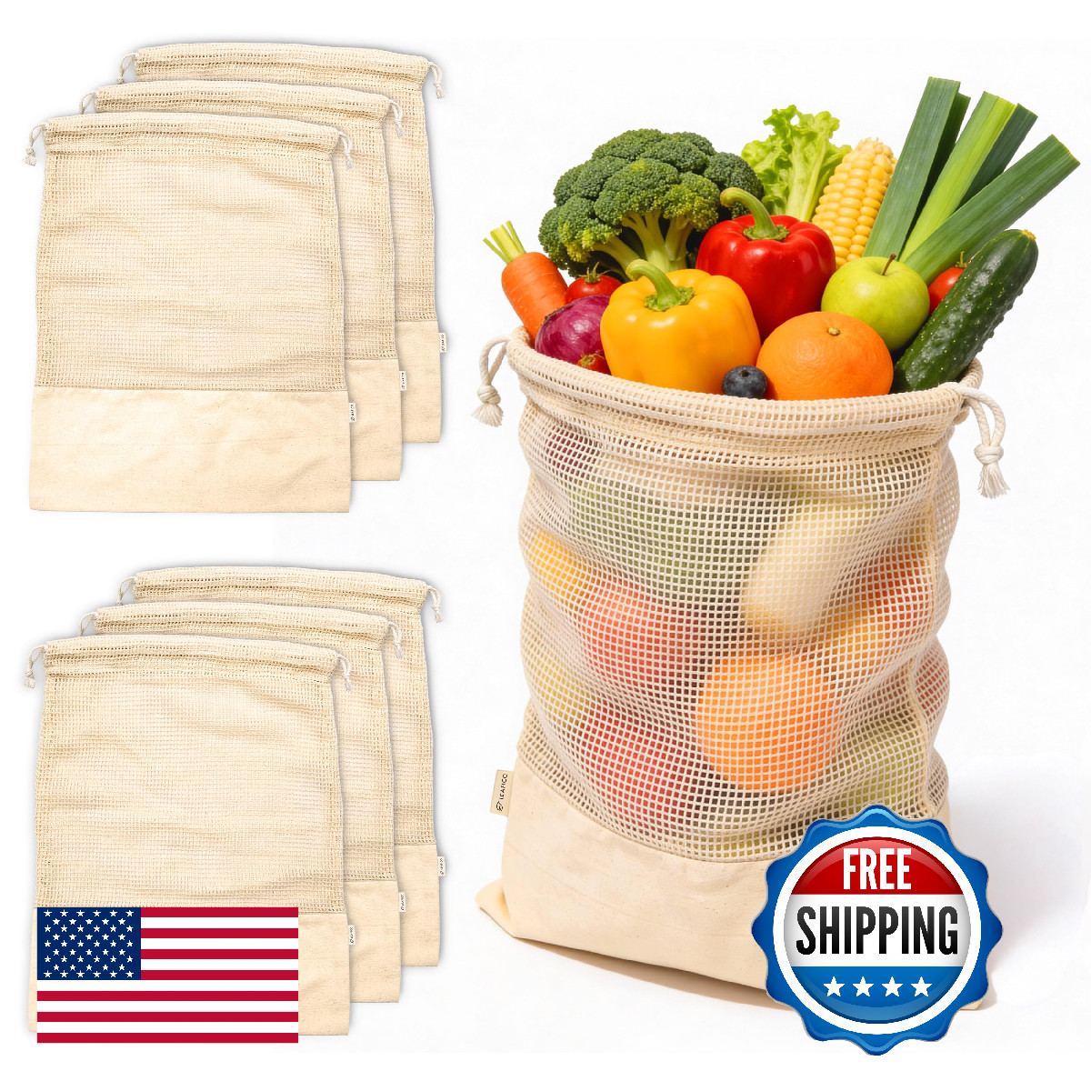 LEAFICO Reusable Produce Bags – 100% Cotton Mesh & Solid Hybrid (XL 14×18 inch 6