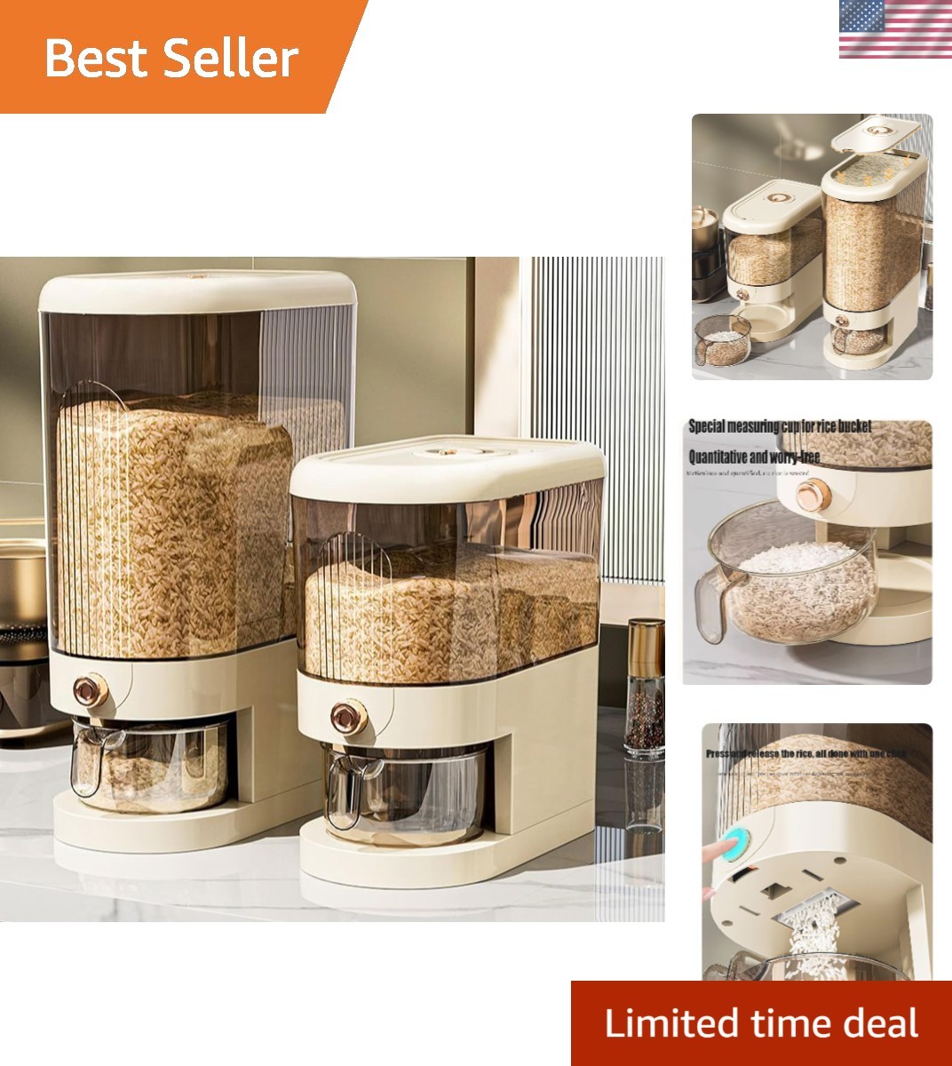 Efficient 22LB Household Grain Container with Button Closure for Easy Measuring
