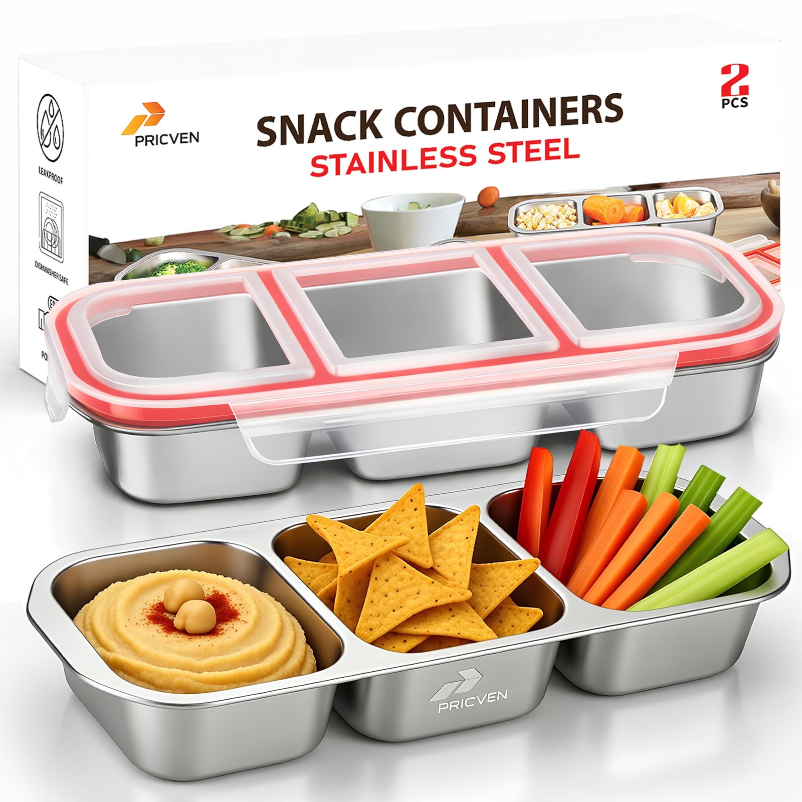 2 Pack Stainless Steel Snack Containers with Lids – 3 Compartment Grab and GO…