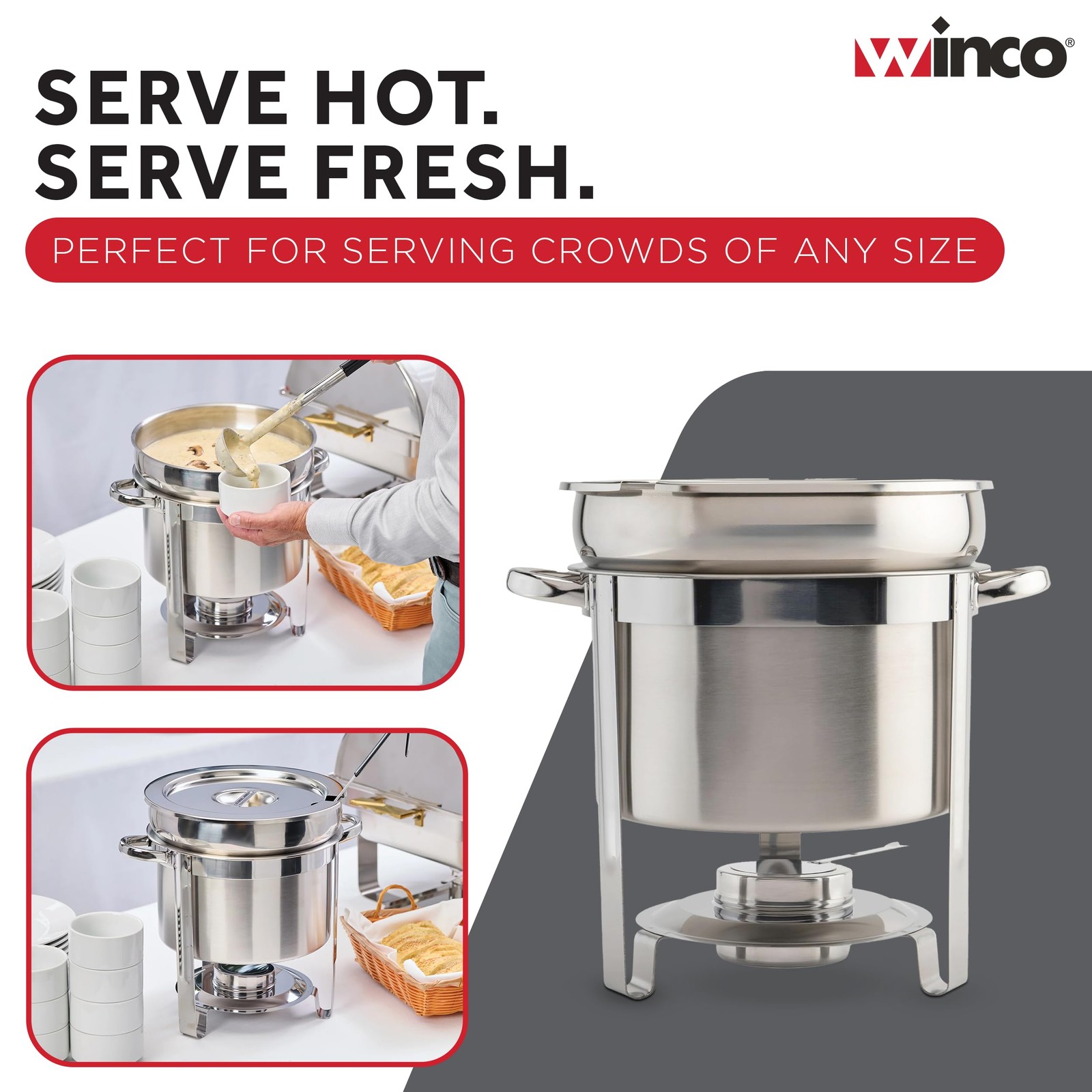 Winco 211 Stainless Steel Marmite Soup Chafer 11qt Round W/ Cover & Fram