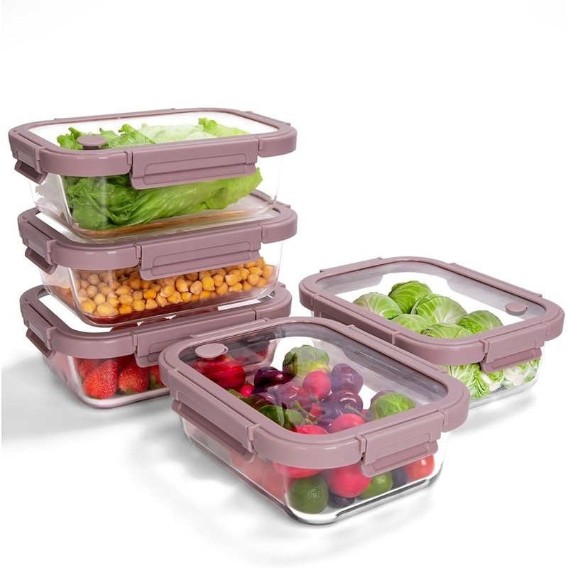 Premium Glass Storage Containers W/ Tempered Lids 5-Piece Set Microwave Safe New