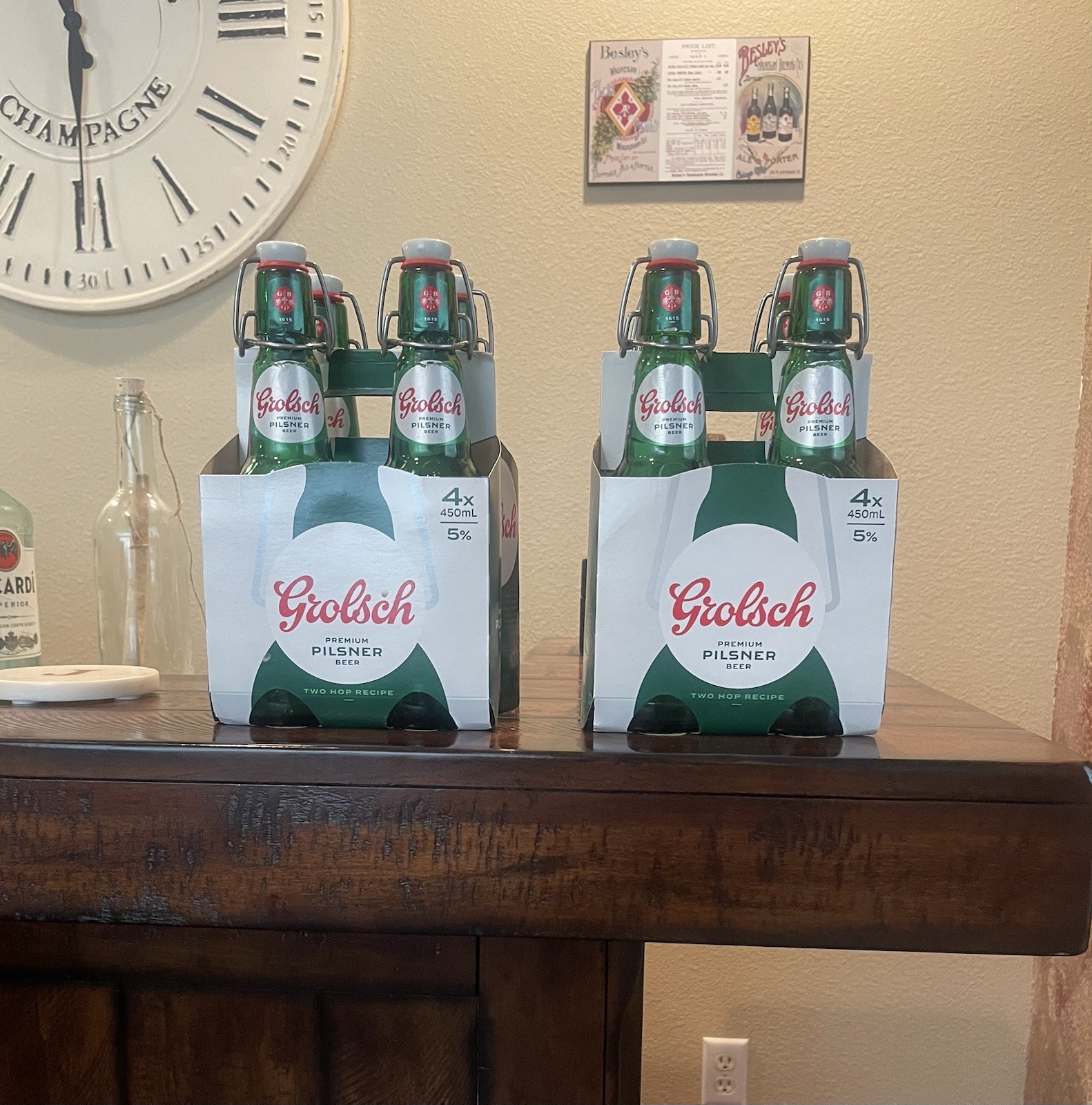 Grolsch Lot of 8 (Empty) Green Bottles With Ceramic Caps, Labels, 4 Holder