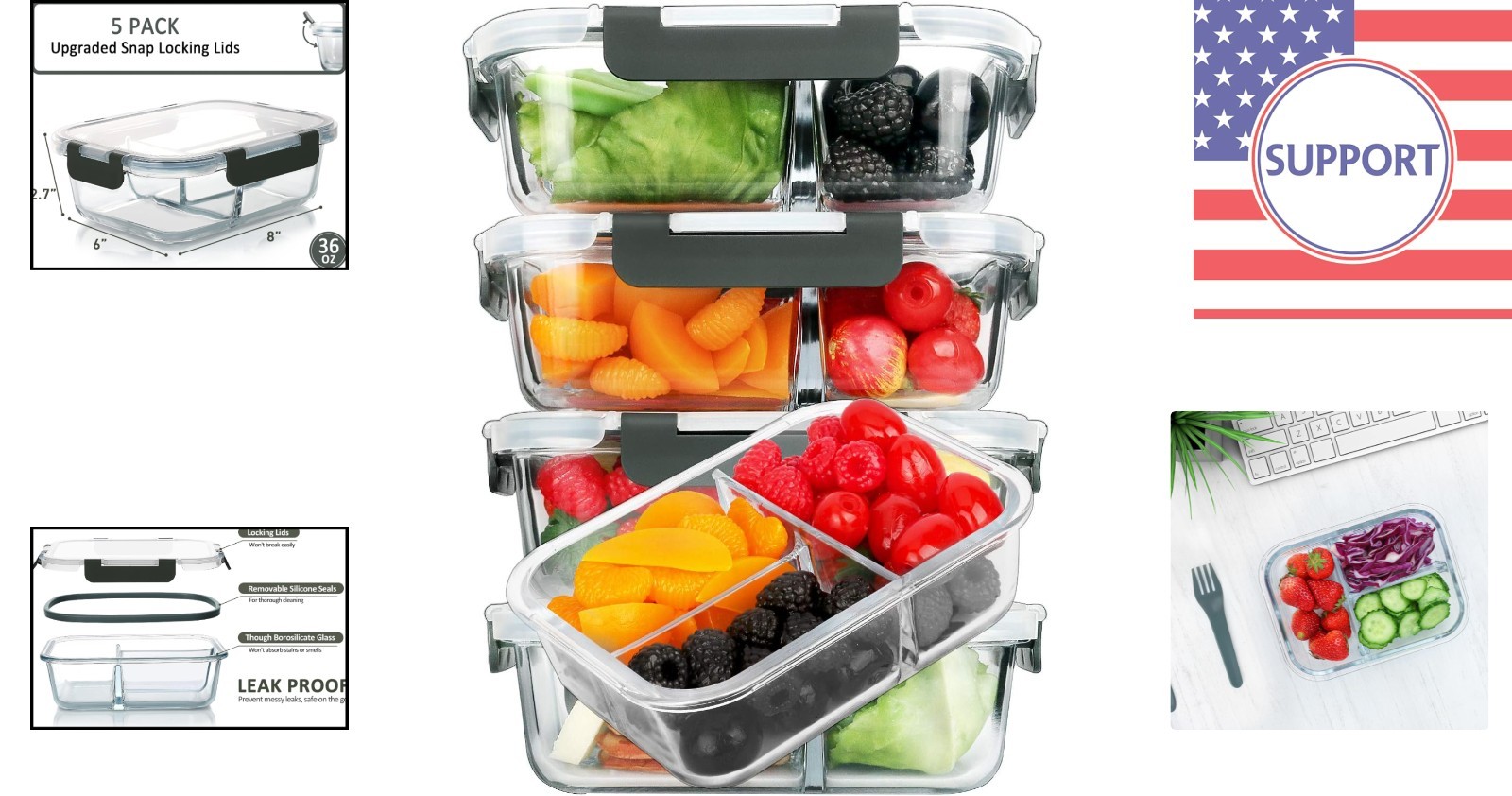 Borosilicate Glass Meal Prep Containers, 36 oz – Airtight, Microwave & Oven Safe