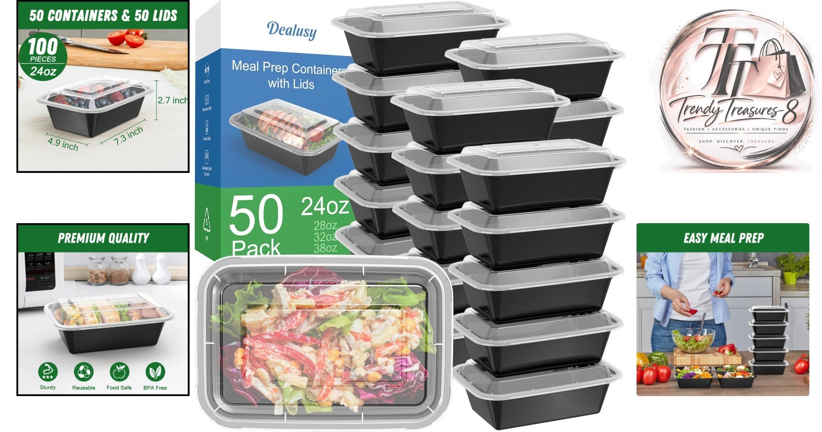 50 Pack 24 oz Meal Prep Containers – Stylish & Food Safe, Perfect for Meal Prep