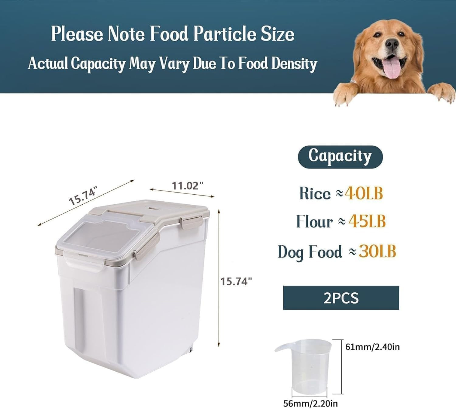 Airtight Rice & Flour Storage Containers with Lid, 100Lbs Capacity, 2Pcs