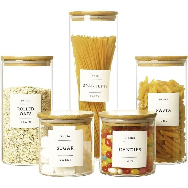 Glass Storage Containers W/ Lids 5 Pack Kitchen Organization Labels Dishwashable