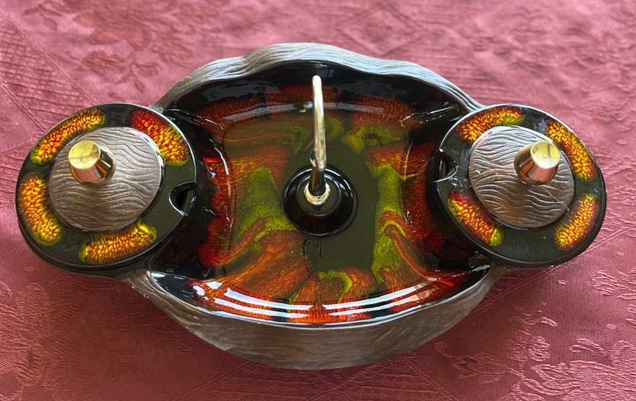 Vintage Ceramic Lacquer Abstract Painted Divided Serving Tray w/2 Lids & Handle
