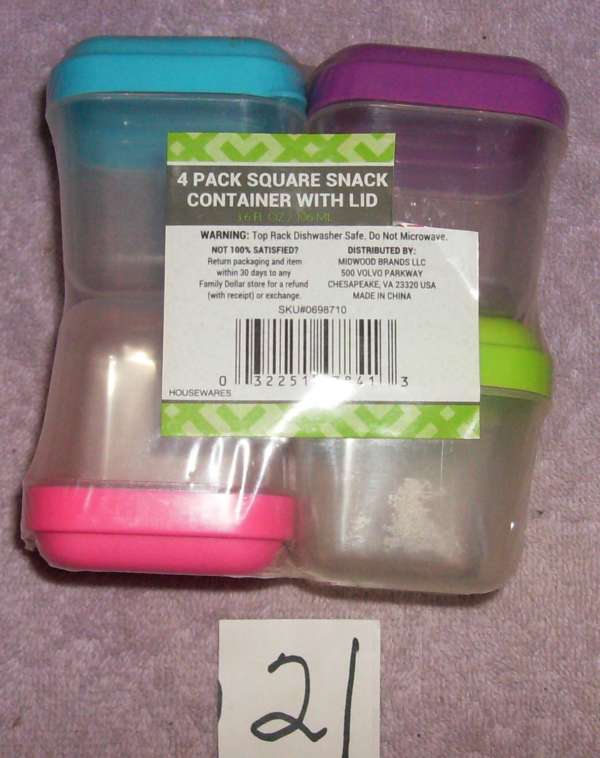 4 PACK SNACK CONTAINER WITH LID PURPLE BLUE GREEN PINK SMALL 2 3/4″ SQUARE #21