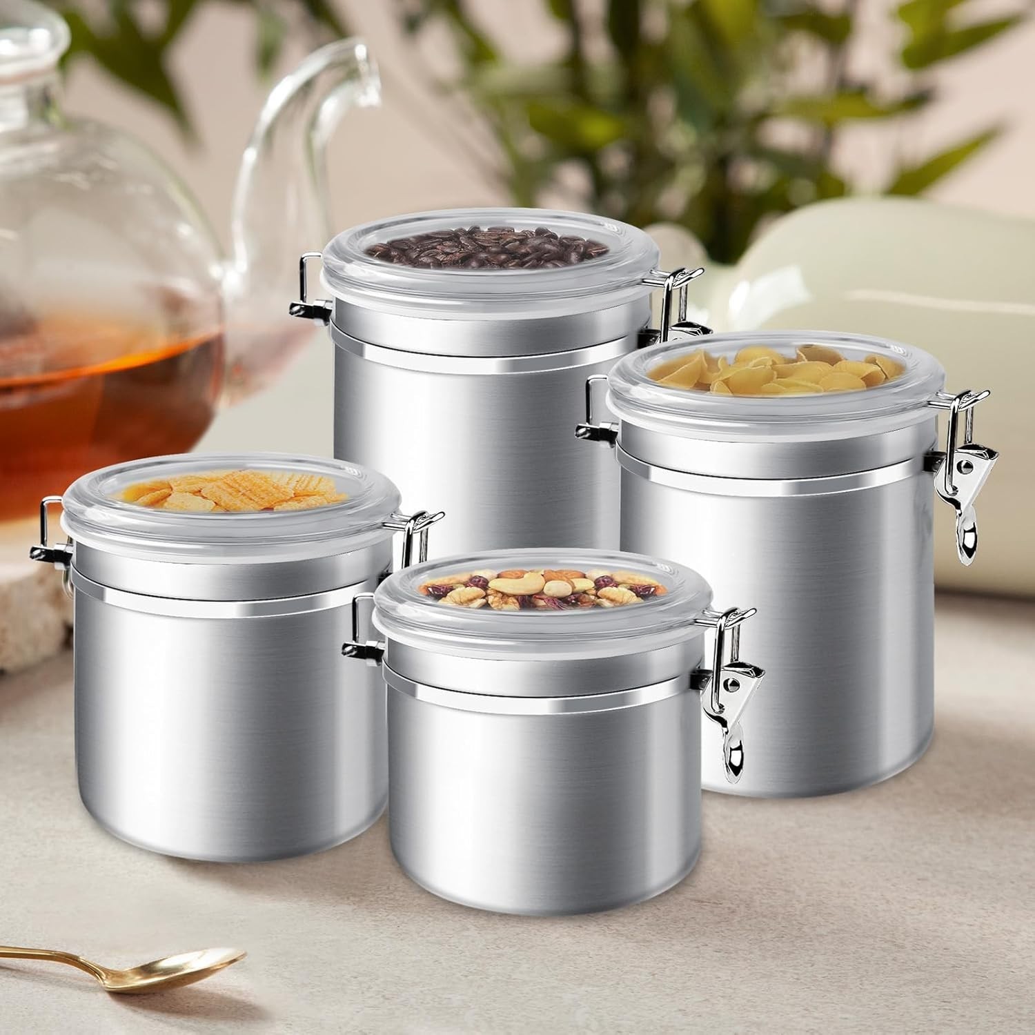 4 Piece Stainless Steel Airtight Food Storage Canister Set Clear Lid 28 to 65 oz