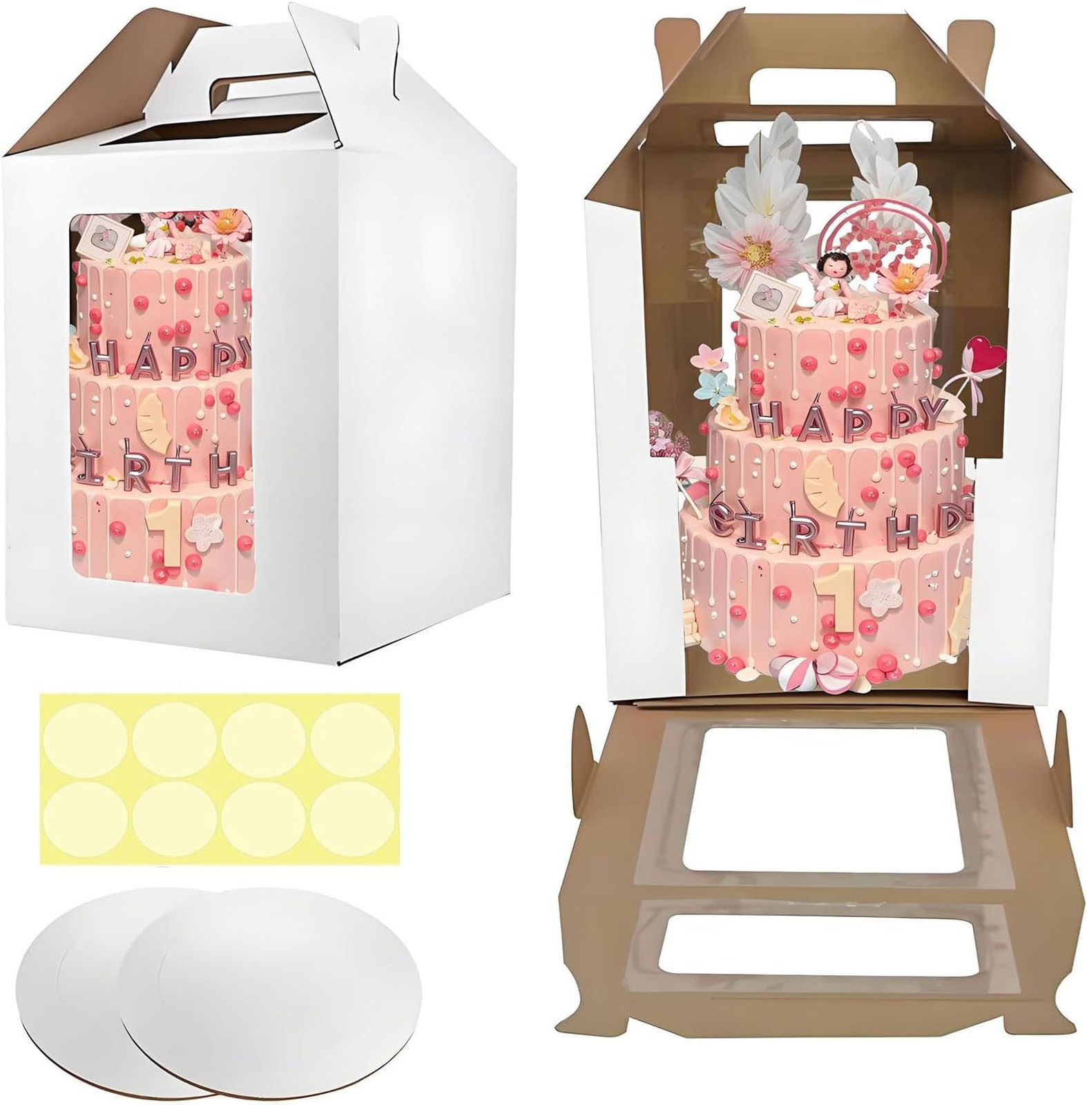Tall Cake Box 12x12x14 Inch Disposable Layer Carrier with Window Handle for