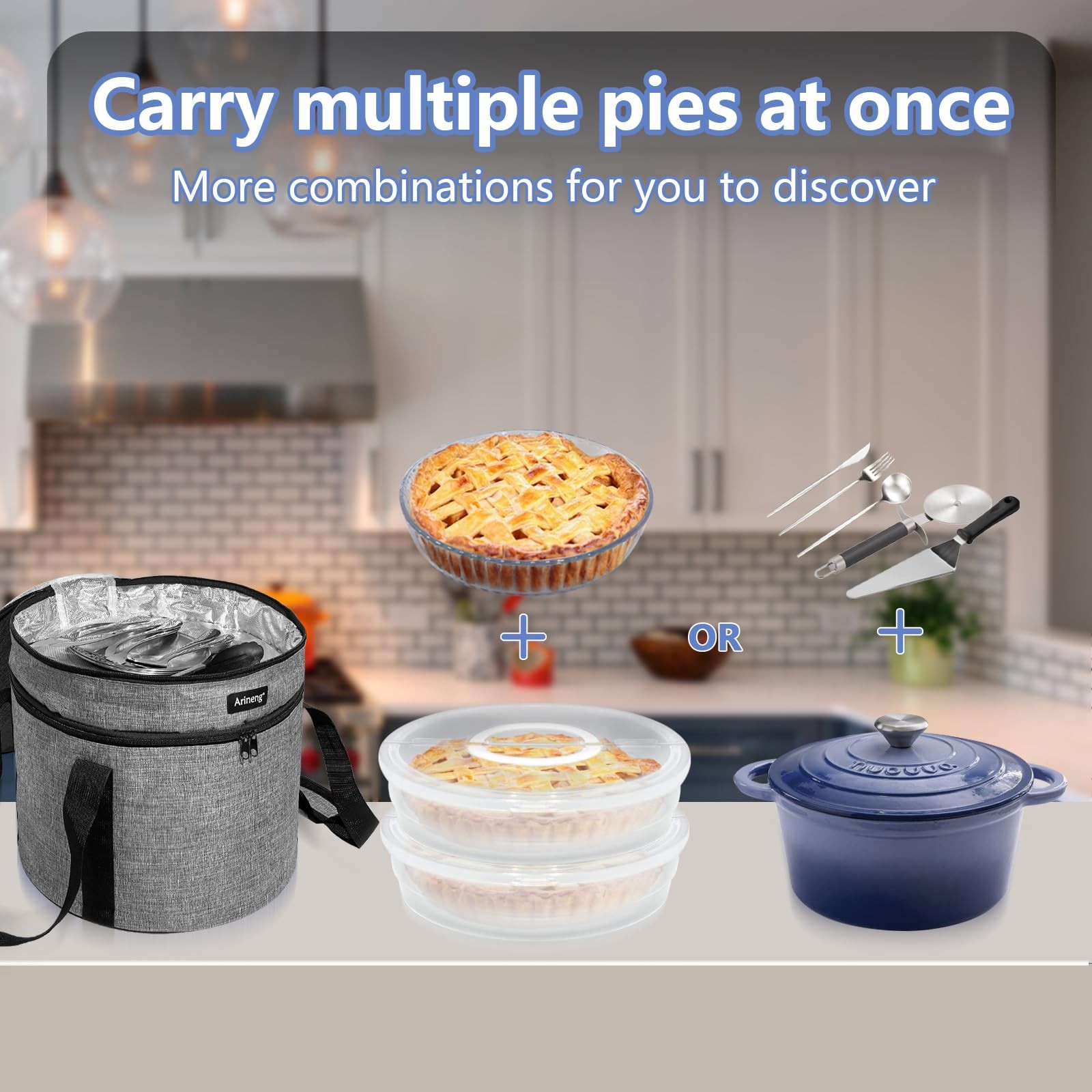 Arineng 2 pack pie carrier with lid and 2 carriers + insulated bag, Grey