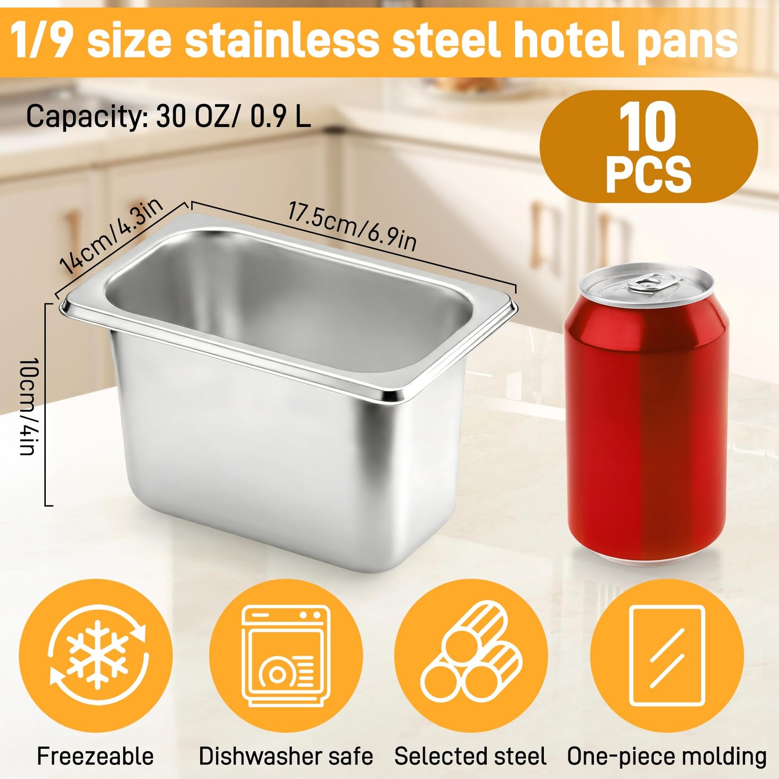 10 PCS Hotel Pans 1/9 Size 4 Inch Deep Stainless Steel Steam Table Commercial