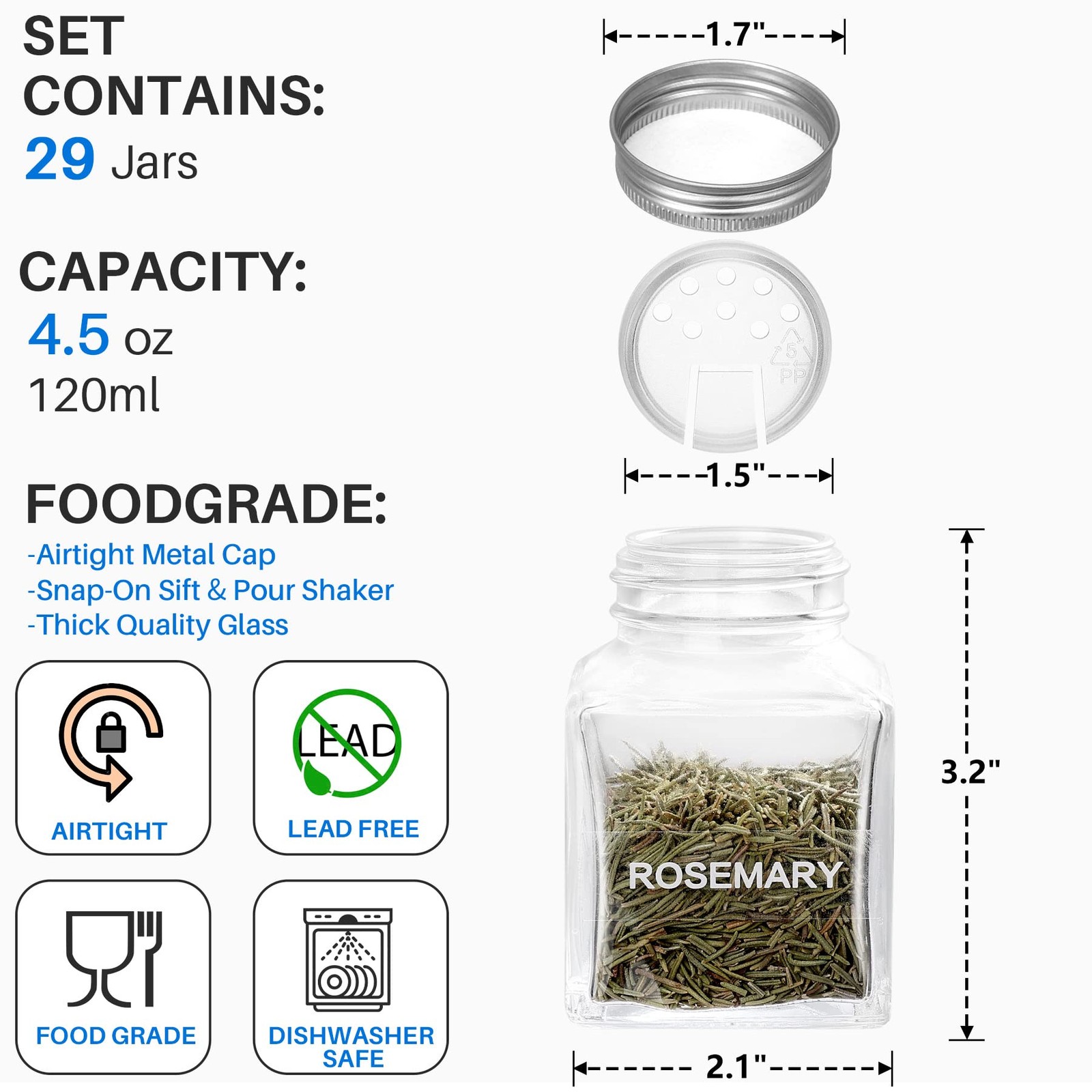 Unique Design Spice Jars with 372 Labels, 29-Pack 4.5 oz Personalized Cubic C…