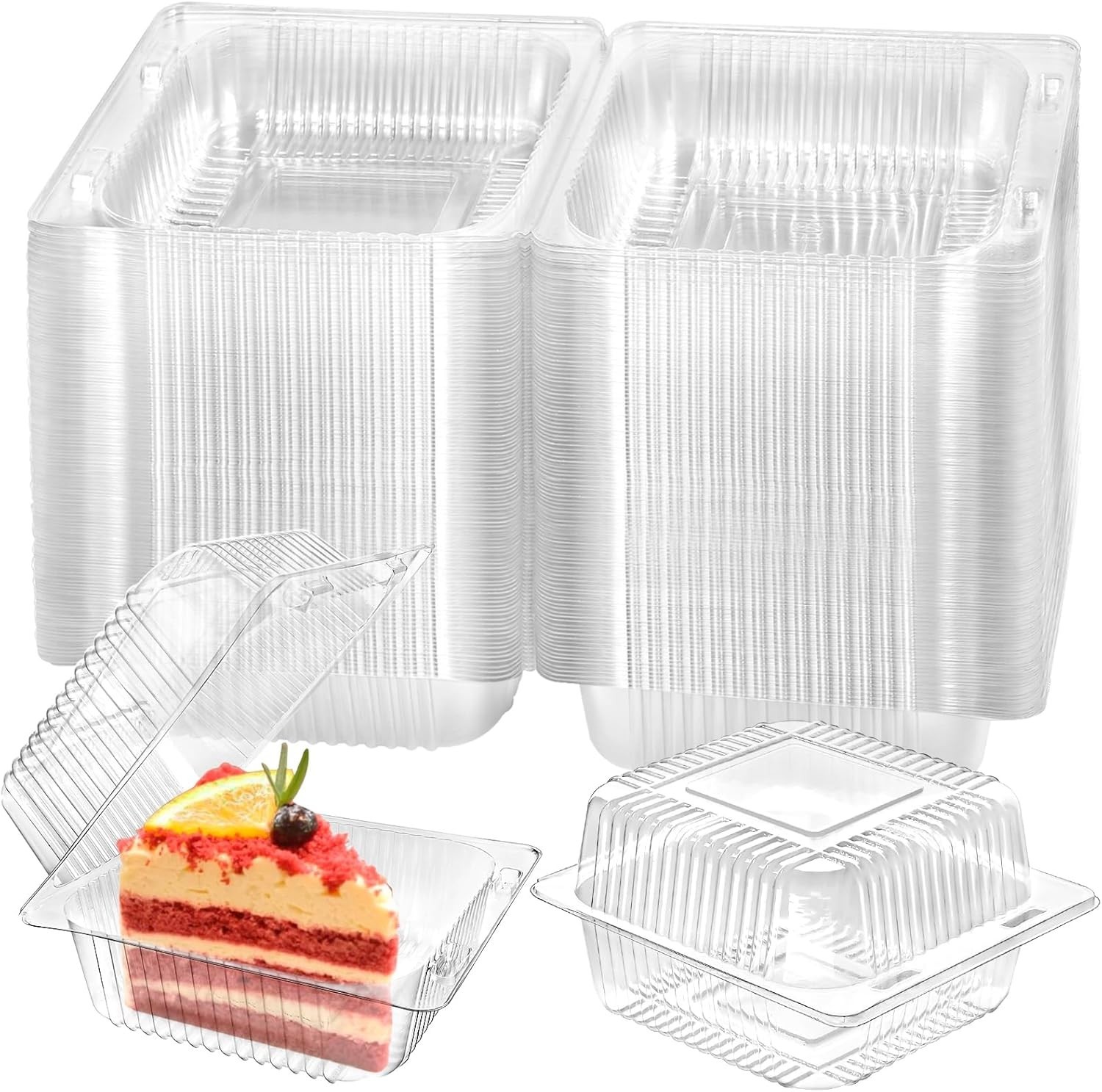 Cake Slice Containers, 100 Pcs Square Clear Plastic Hinged Food Containers wi…