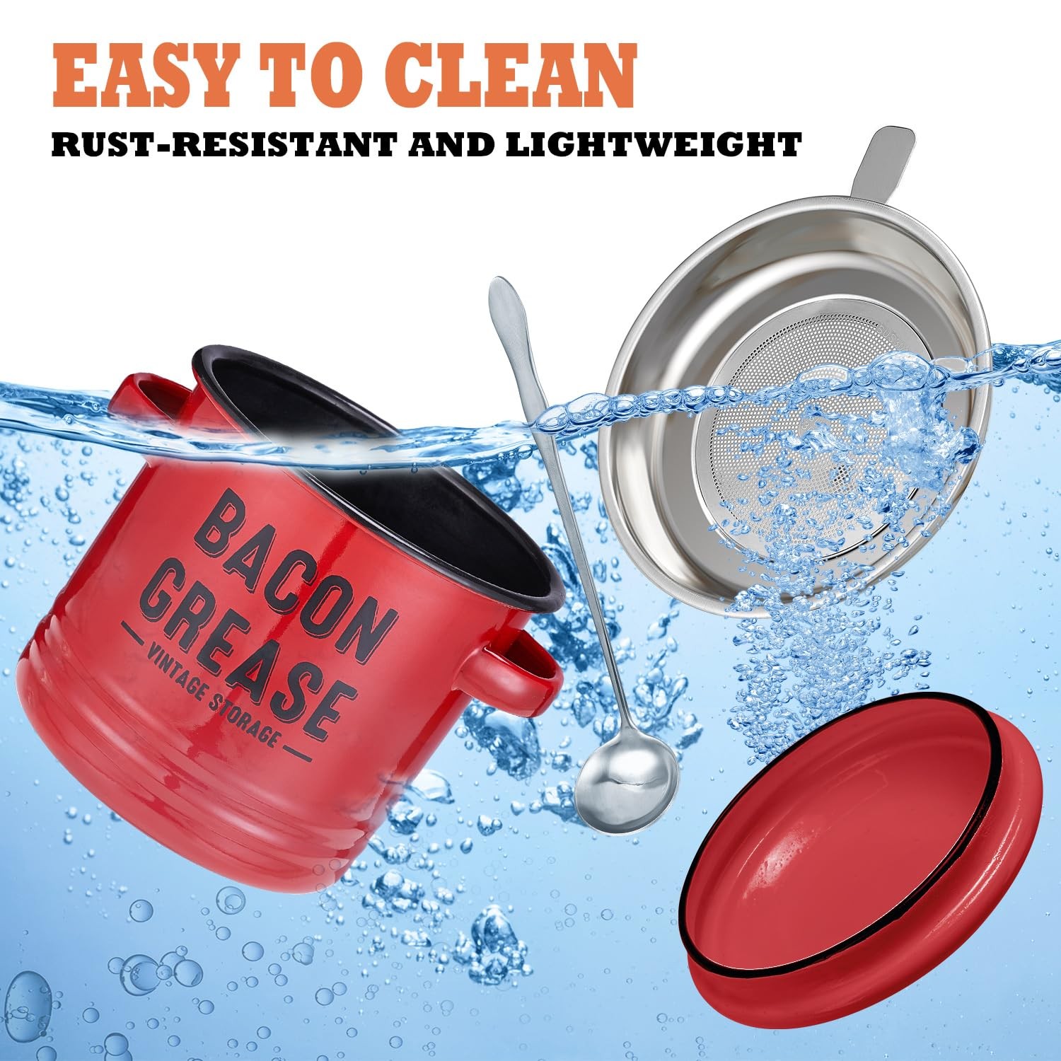 Bacon Grease Container with Strainer – Large 46OZ Red Kitchen Oil Storage Can…