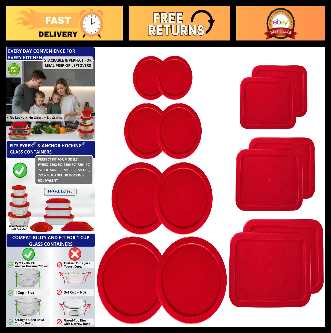 Red Replacement Lids for Glass Storage Bowls – 14 Pack, 1-11 Cup Sizes, Lids Onl