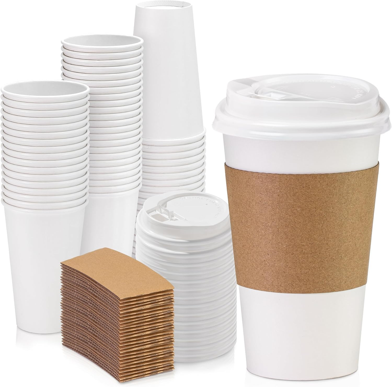 Fit Meal Prep 50 Pack 16 Oz Disposable Coffee Cups with Lids Sleeves Leak-Proof