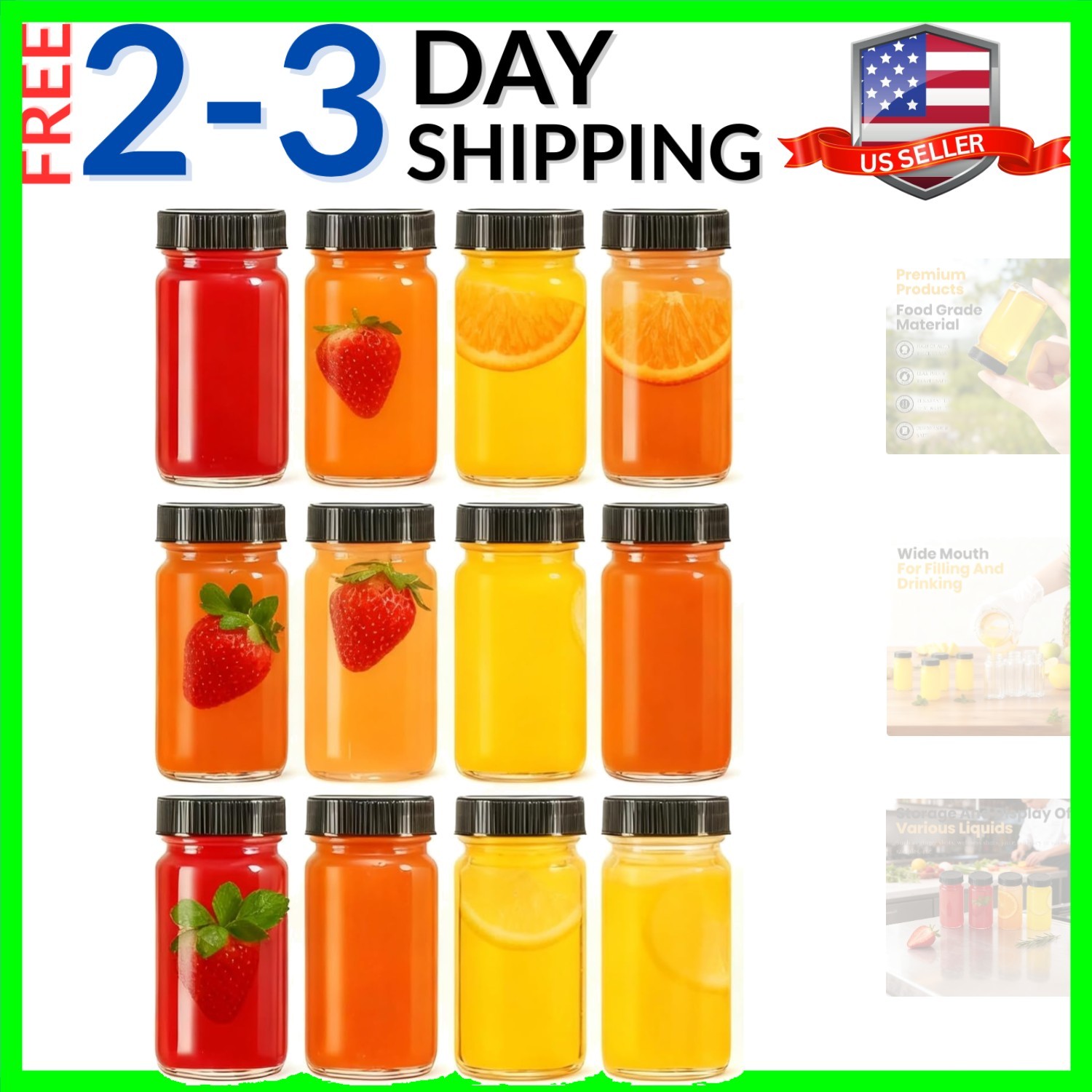 12 Pack 2 oz Glass Shot Mini Bottles with Black Lids – Reusable Leakage-Proof…
