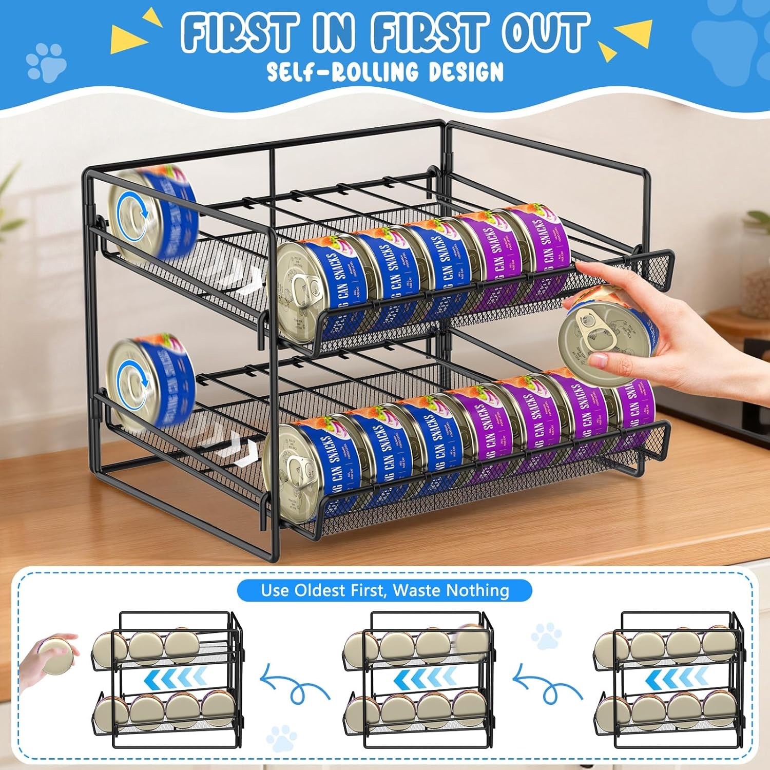 Cat Food Can Organizer, Can Organizer for Pantry, 2-Tier Metal Cat Food Storage