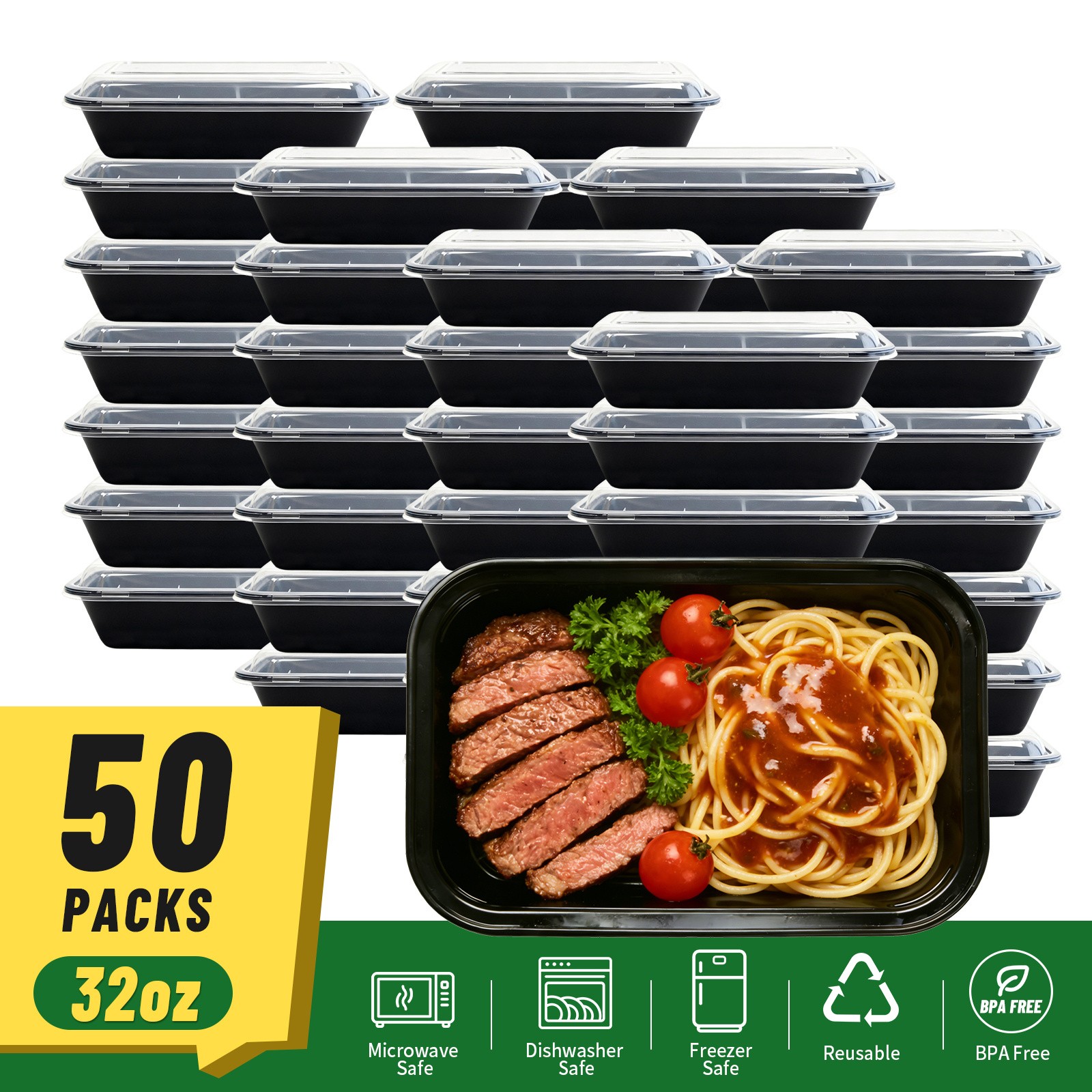 50PCS 32oz Black Rectangular Meal Prep Containers Leakproof Flip Top Lids Set