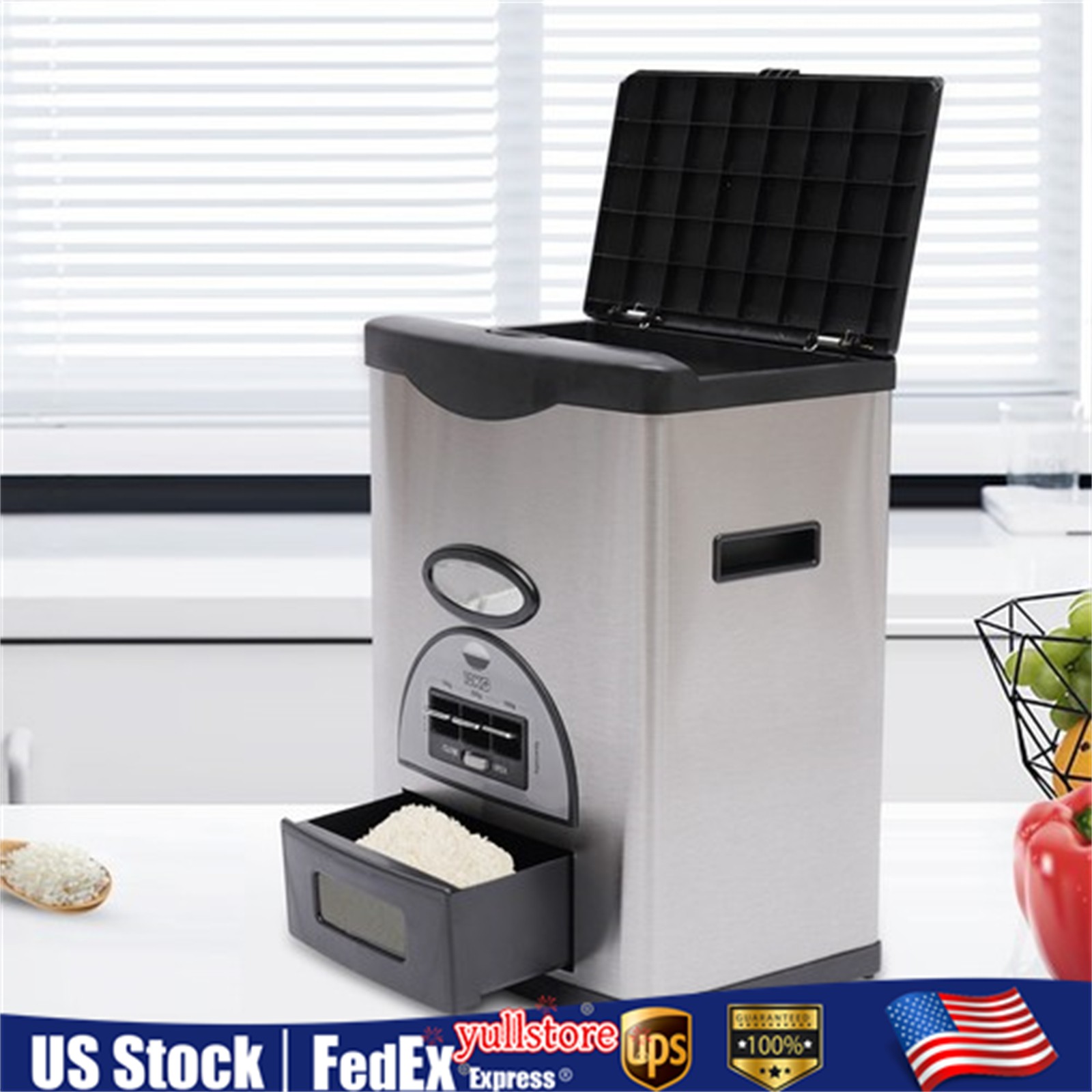 22lb Rice Dispenser Auto Rice Dispenser Stainless Steel Rice Storage Box Black