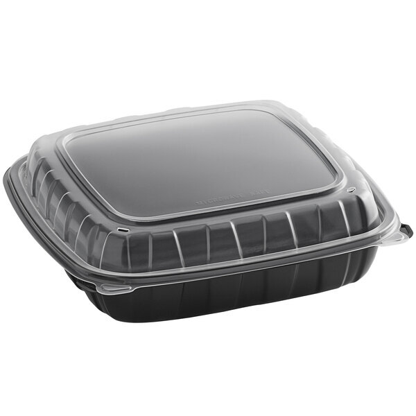 9″ x 9″ x 3″ Microwavable 1-Compartment Black / Clear Plastic Hinged Contianer