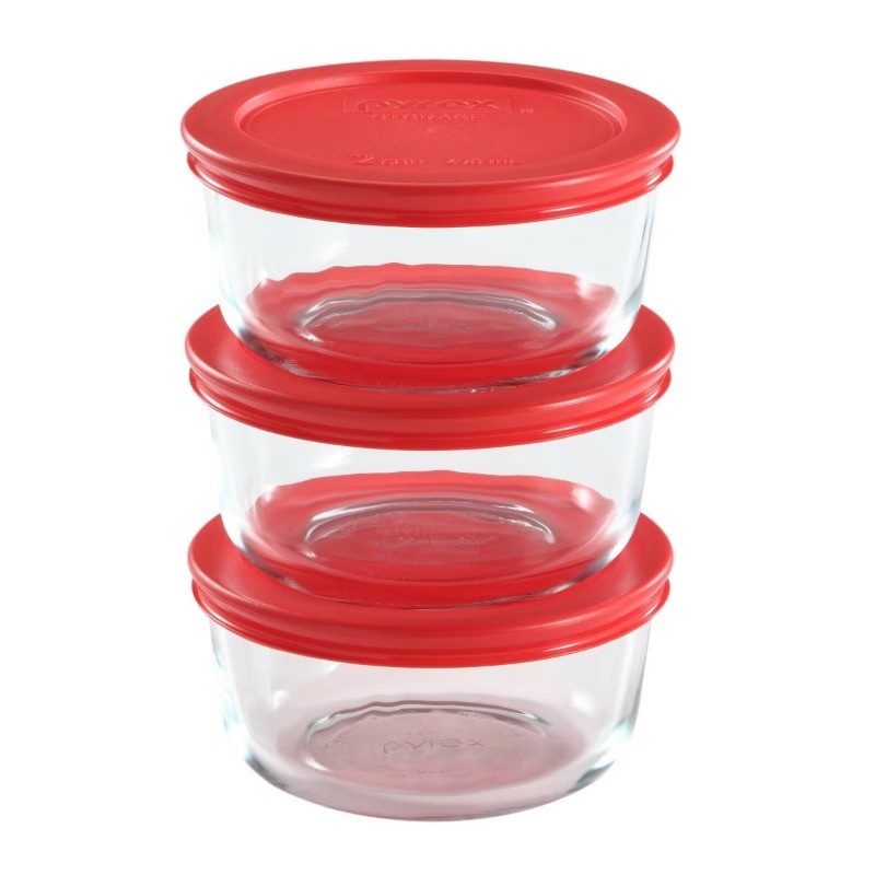 2 Cup 6pc Round Glass Storage Red: Containers w/Lids, MW+DW Safe
