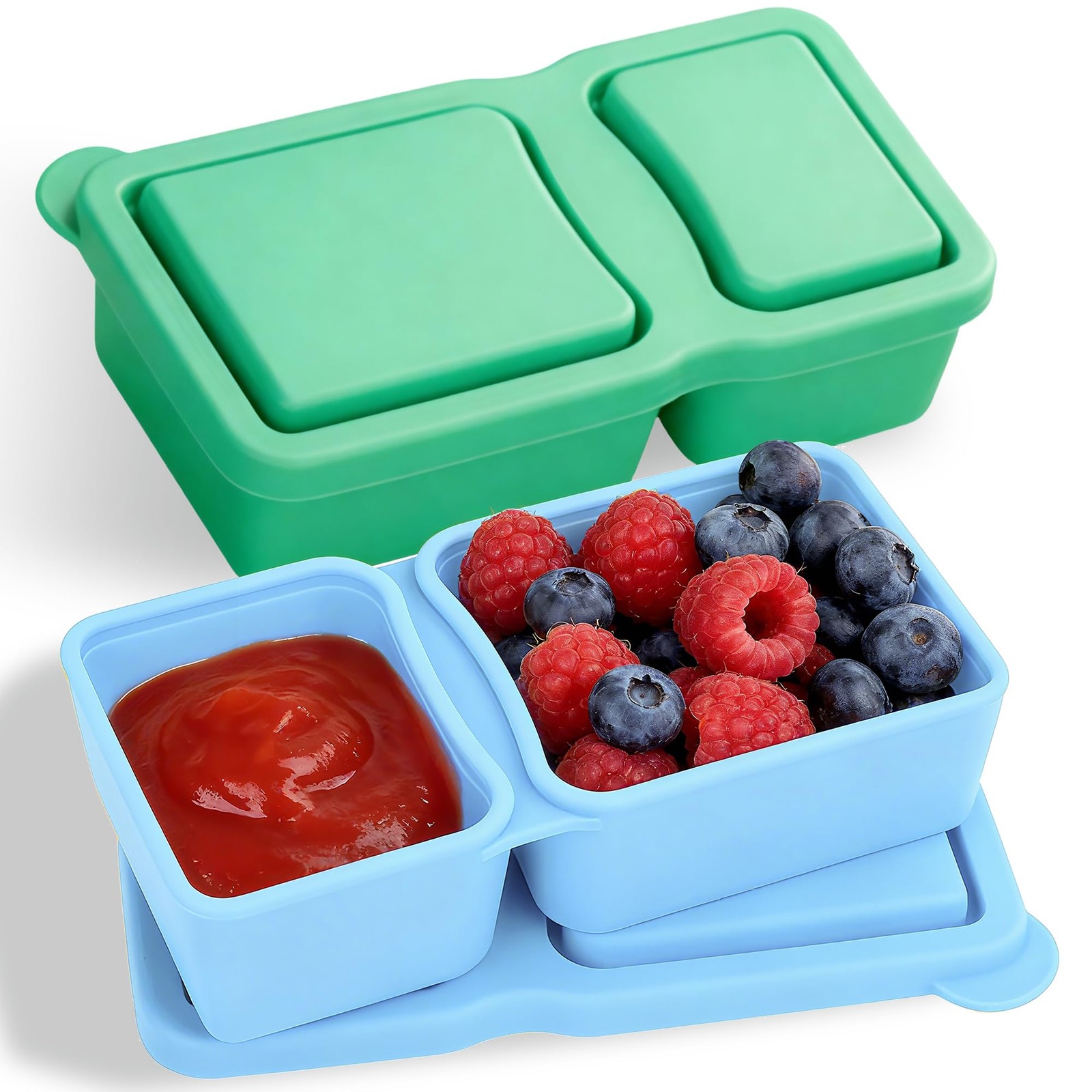 2 Pack New Reusable Silicone Snack Containers with Lids, 10 oz Double Compart…
