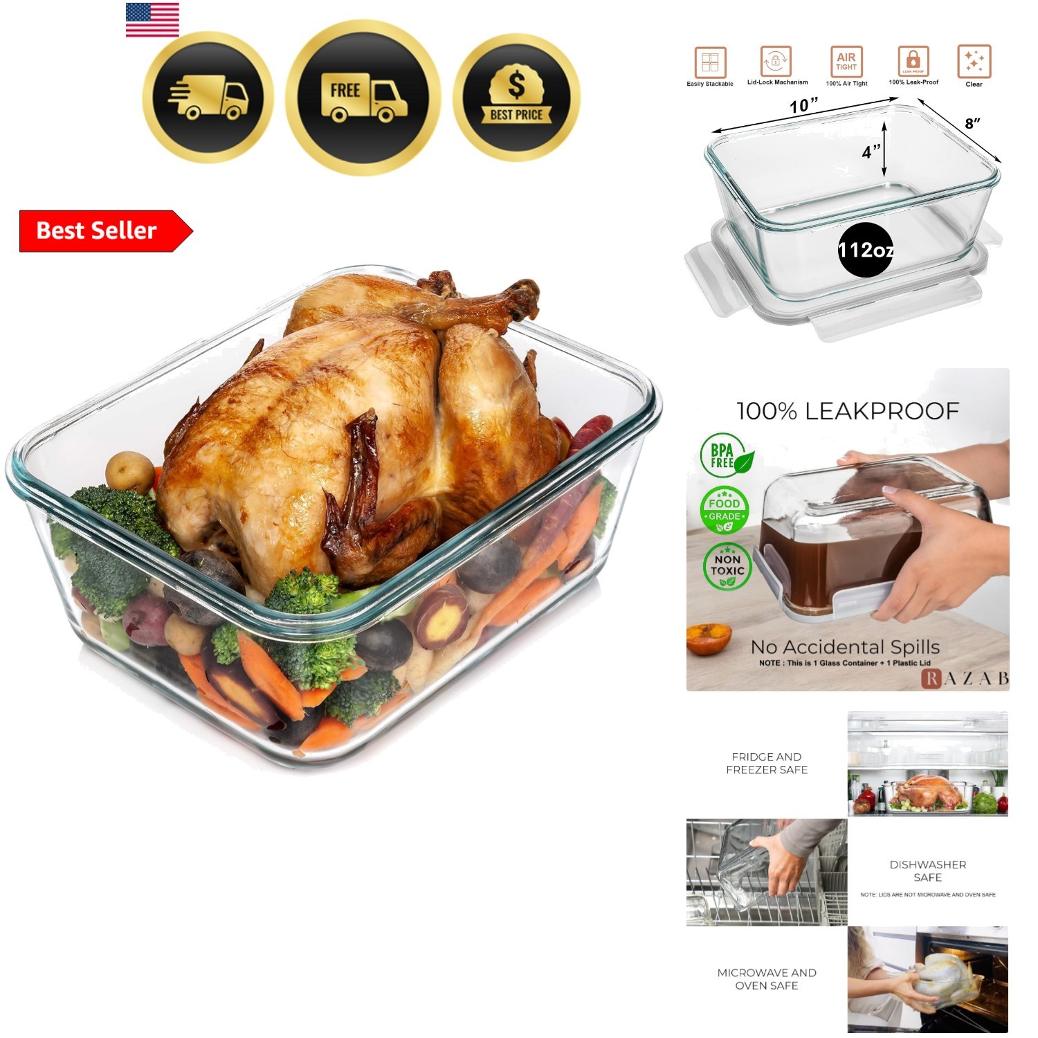 Large Glass Food Container 112oz Airtight Locking Lid Meal Prep Storage