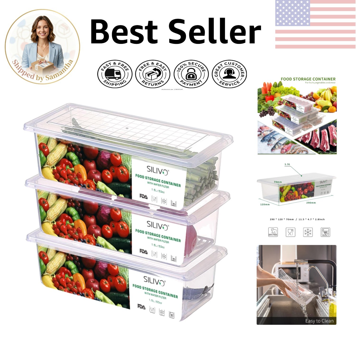 Transparent Produce Saver Containers 1.5L with Removable Drain Tray – 3 Pack