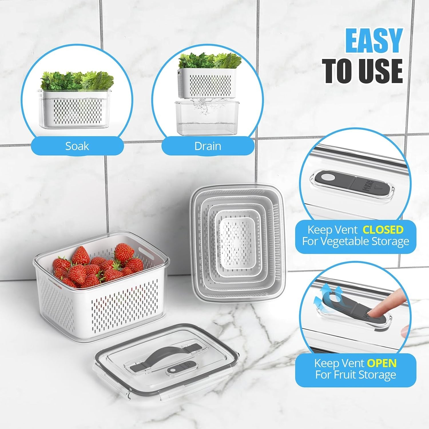 Fruit Storage Containers Set 10Pcs with Vent Lid and Colander for Fridge