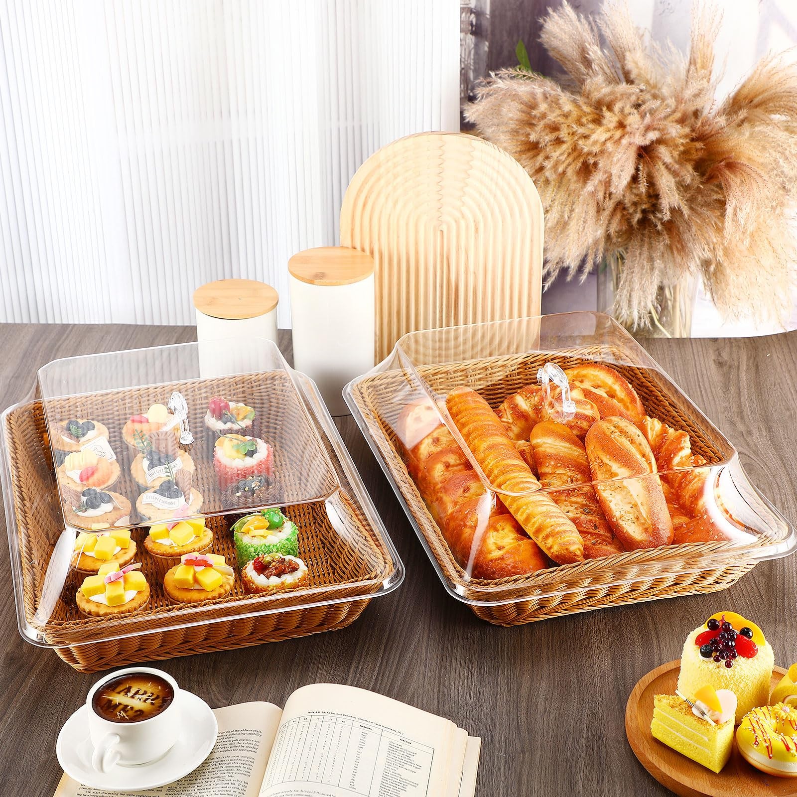 2 Pack Wicker Large Bread Basket with Acrylic Lid Housewarming Gift Woven Rec…