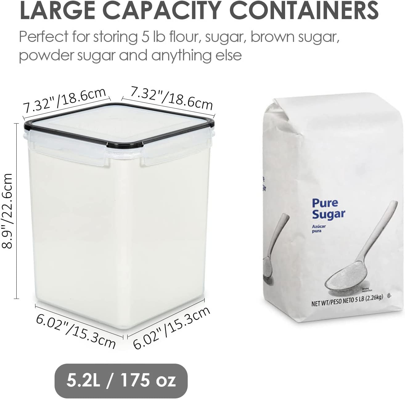 4Pc Large Food Storage Container 176Oz, BPA Free for Flour, Sugar, Baking Supply
